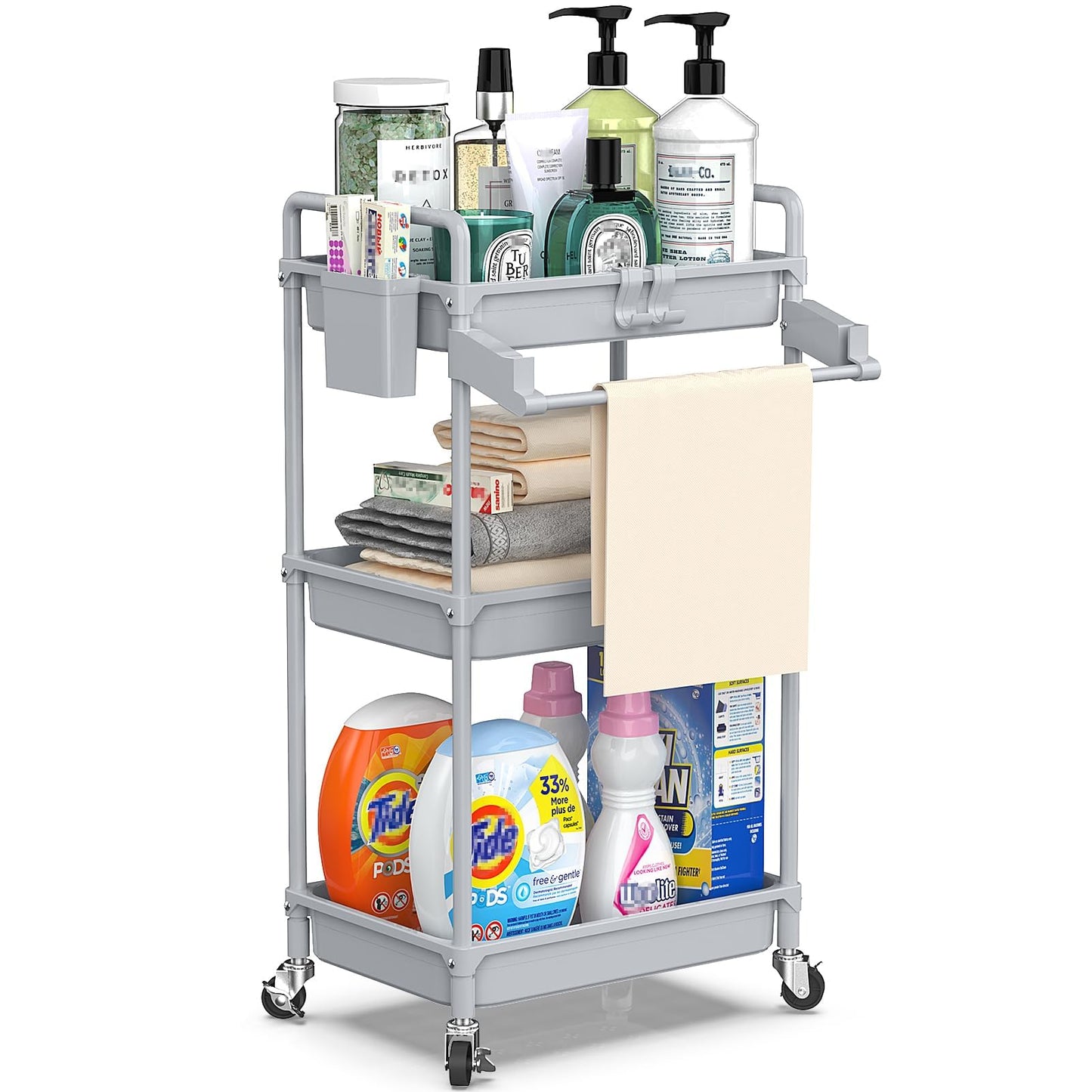 SPACEKEEPER Rolling Storage Cart, 3 Tier Utility Cart Laundry Room Organization Mobile Shelving Unit Bathroom Organizer with Towel Rack, Lockable Wheel, Hooks & Cup for Kitchen Office, Black