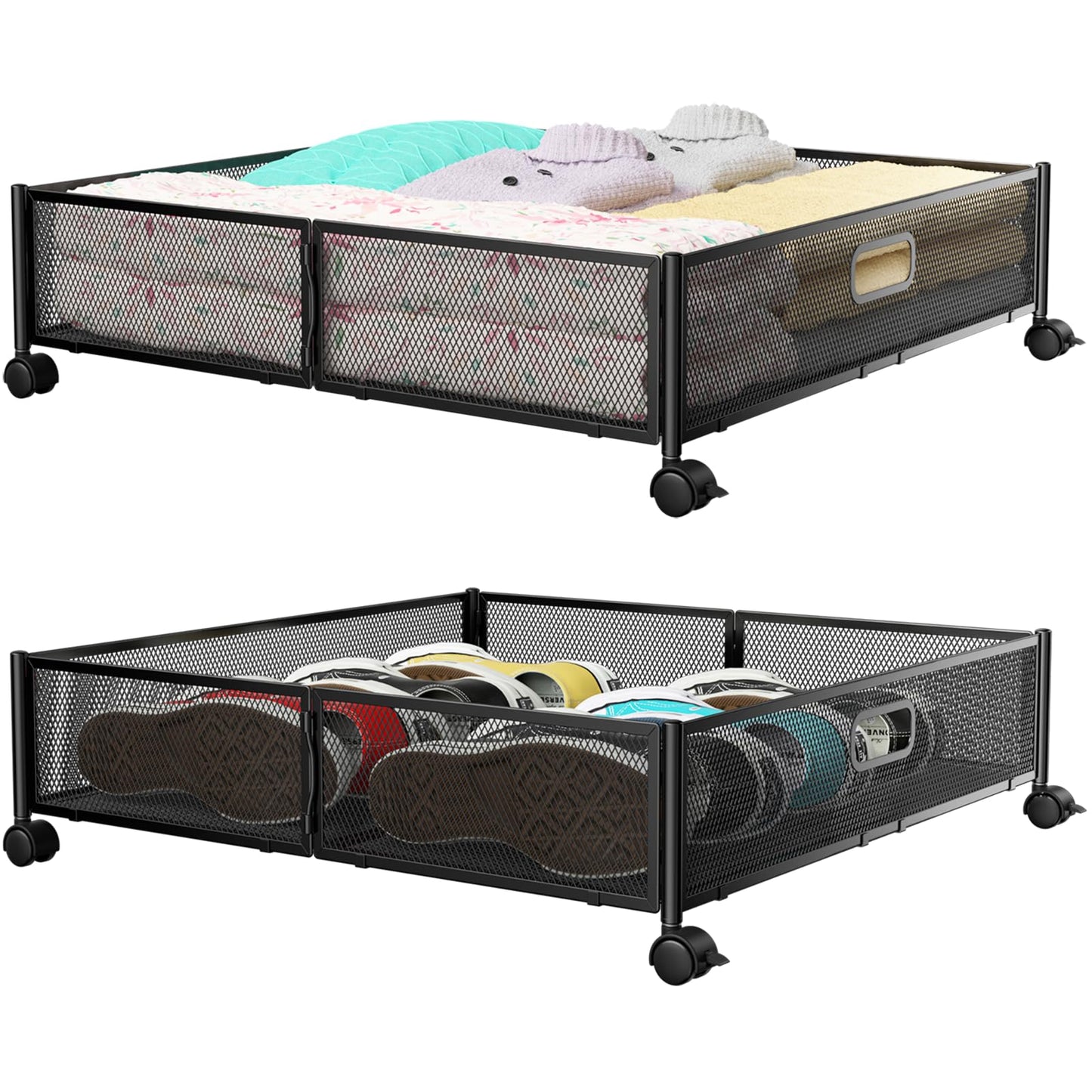 Under Bed Storage, Under the Bed Storage Containers with Wheels, Under Bed Shoe Storage Organizer Drawer, Tool-free Assembly Metal Underbed Storage Containers for Bedroom Clothes Shoes Blankets -2Pack