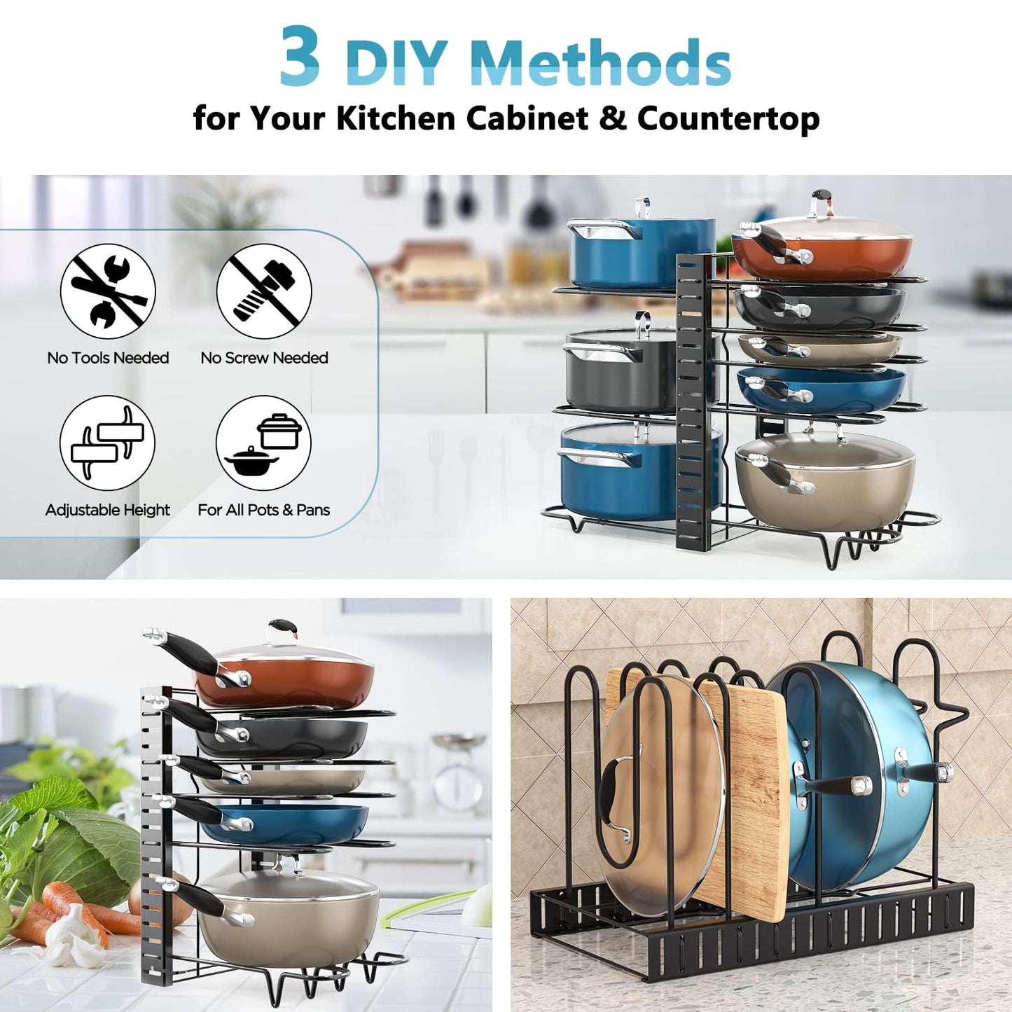 ORDORA 8 Tier Pot and Pan Organizer Rack for Cabinet With 3 DIY Methods, Adjustable Organizer for Pots, Pans and Lids