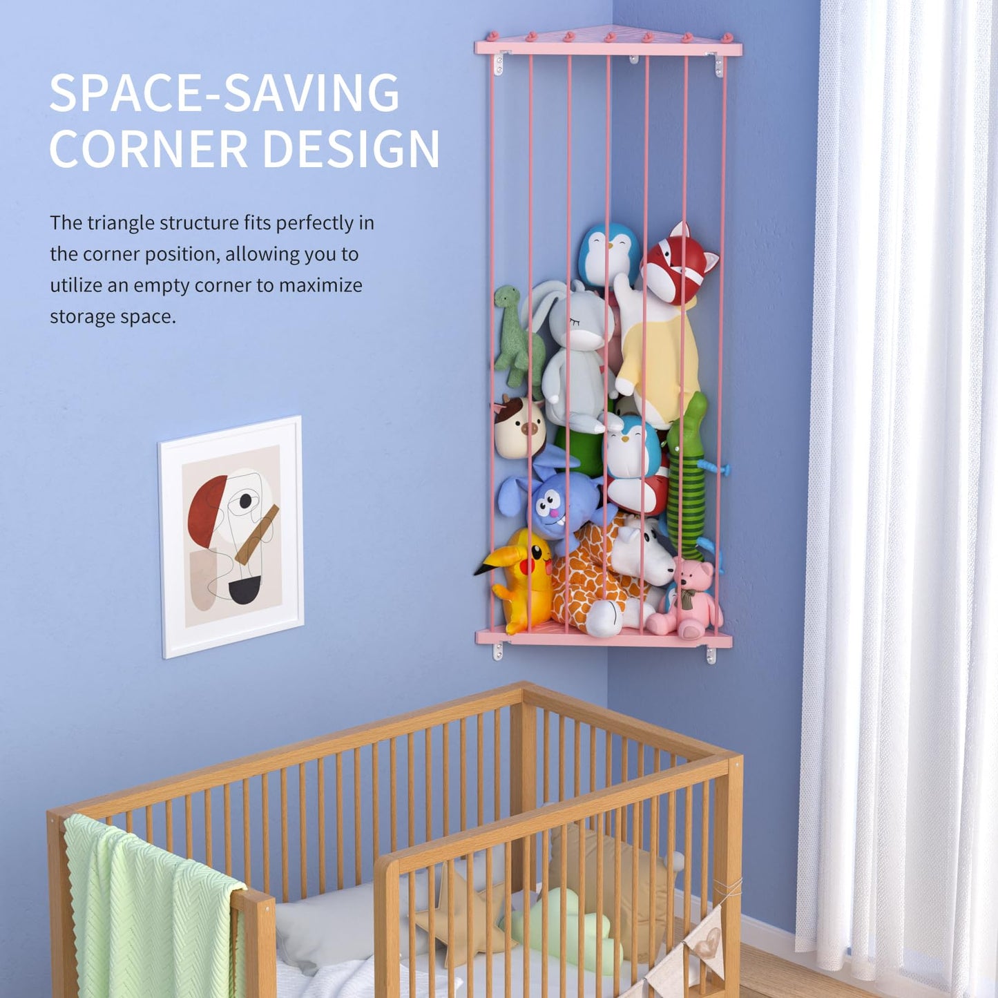 Corner Stuffed Animal Storage Organizer(Patented) - Kids Stuffed Animal Holder with Length Adjustable - Wall Plush Storage for Nursery Playroom Bedroom (White)