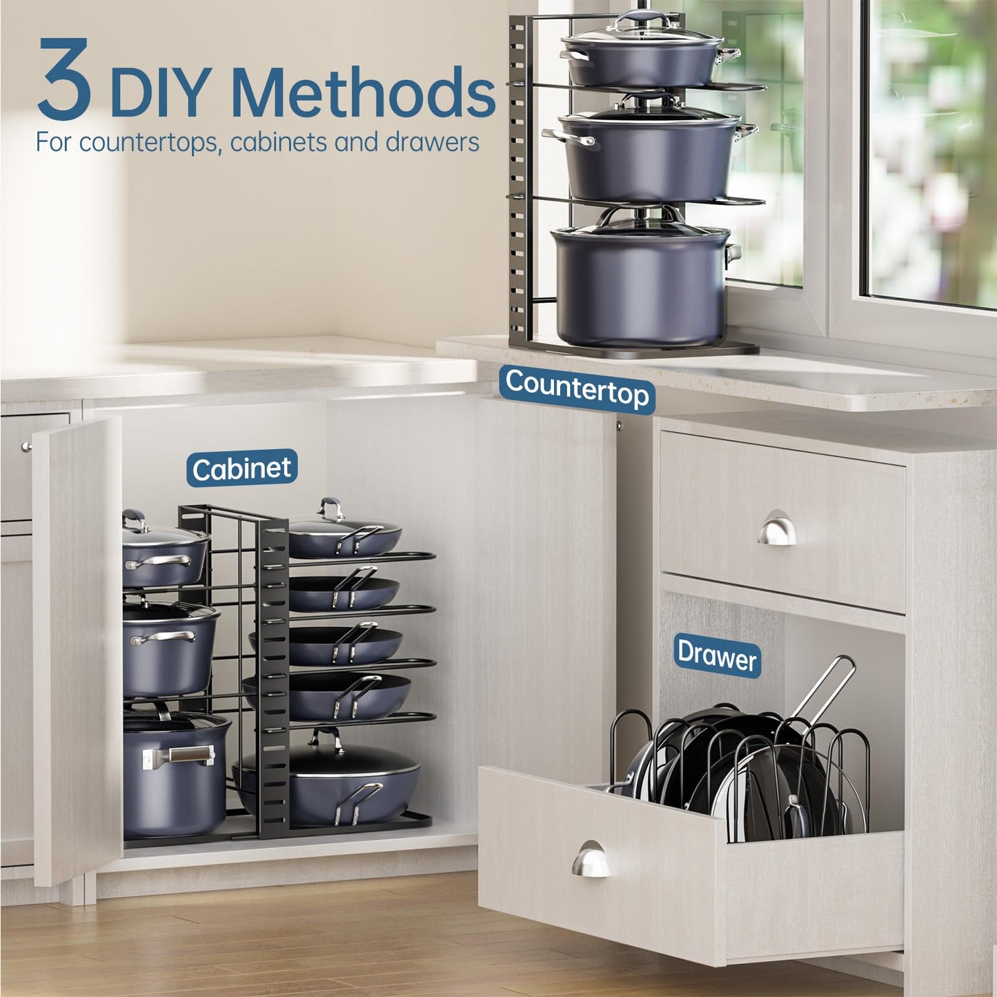 ORDORA 8 Tier Pot and Pan Organizer Rack for Cabinet With 3 DIY Methods, Adjustable Organizer for Pots, Pans and Lids