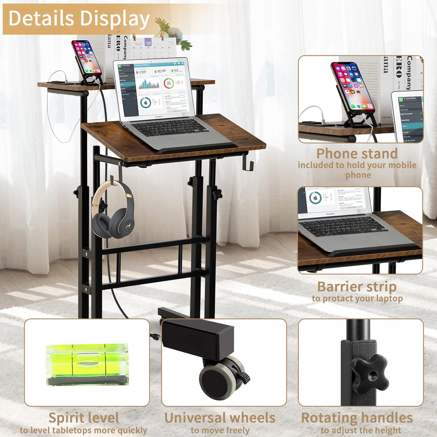SIDUCAL Mobile Standing Desk, Portable Stand Up Desk, Small Adjustable Standing Desk Converter with Wheels Home Office Workstation, Rolling Desk Laptop Cart for Standing or Sitting, Black
