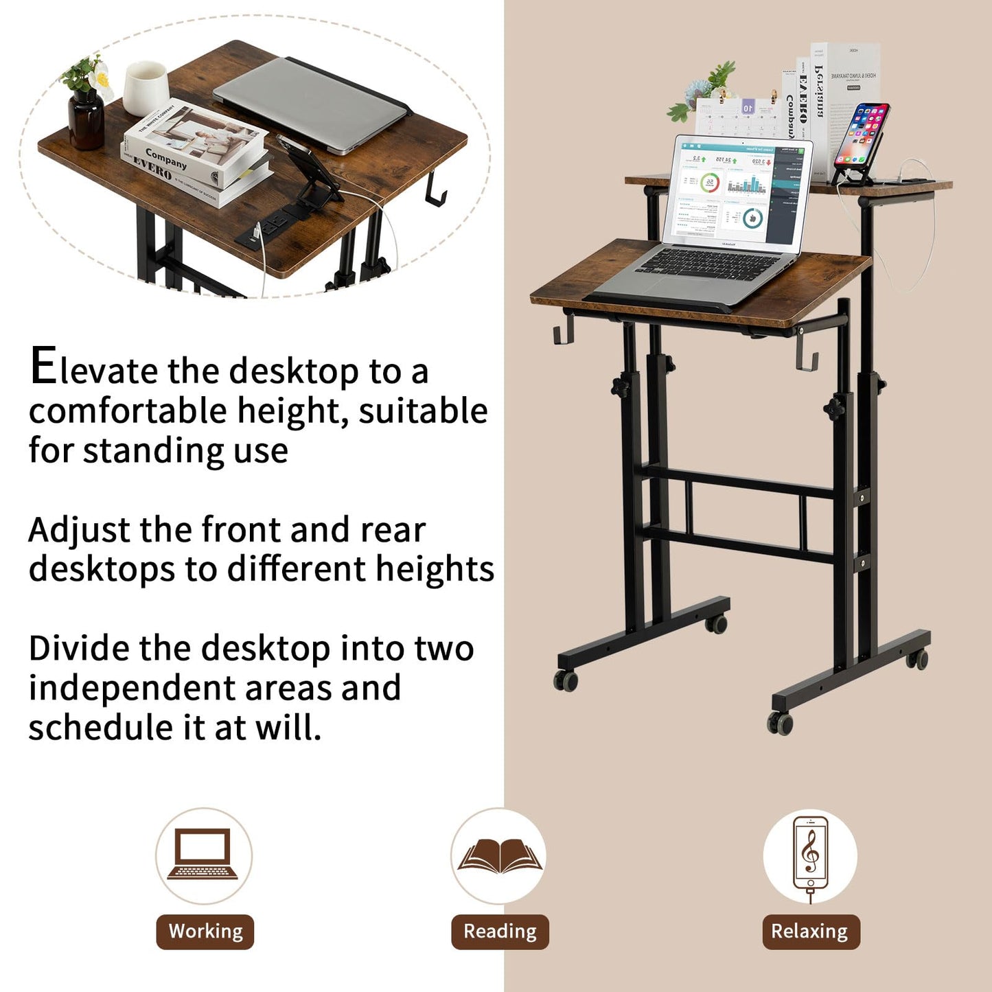 SIDUCAL Mobile Standing Desk, Portable Stand Up Desk, Small Adjustable Standing Desk Converter with Wheels Home Office Workstation, Rolling Desk Laptop Cart for Standing or Sitting, Black