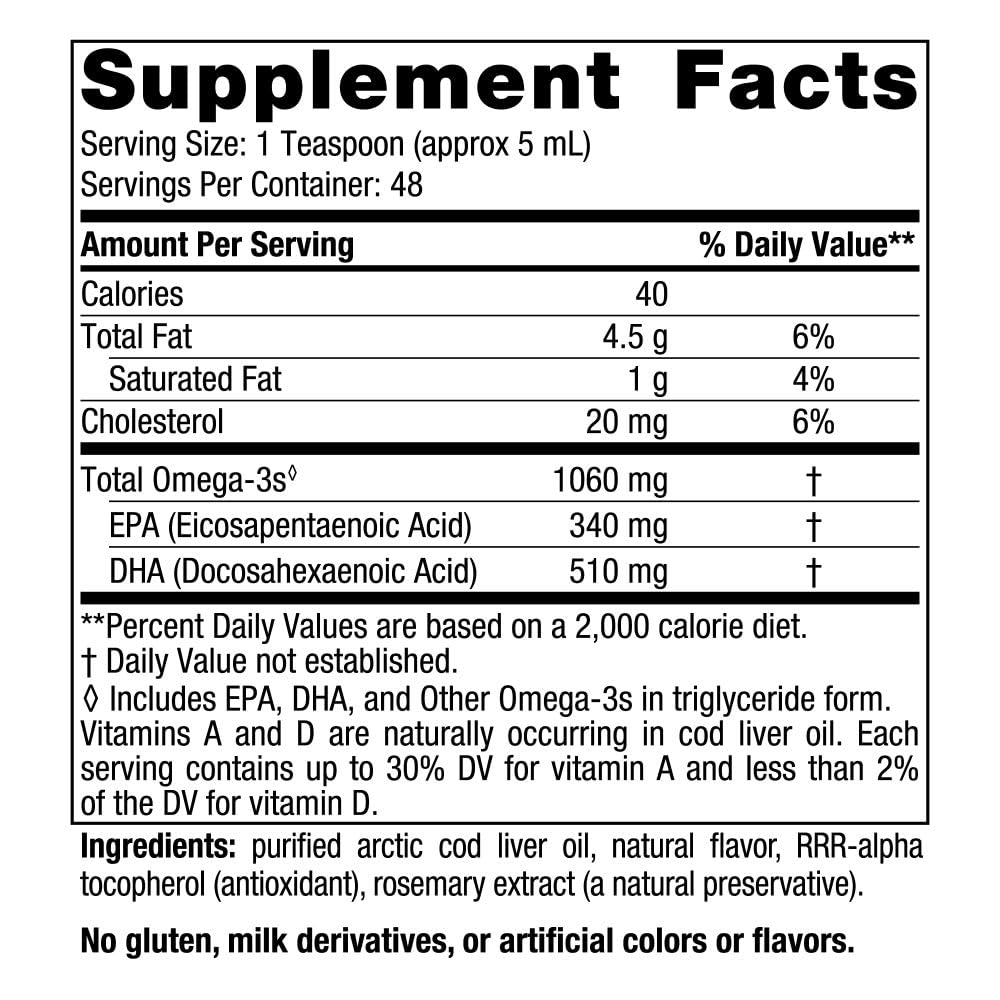 Nordic Naturals Arctic Cod Liver Oil, Orange - 16 oz - 1060 mg Total Omega-3s with EPA & DHA - Heart & Brain Health, Healthy Immunity, Overall Wellness - Non-GMO - 96 Servings