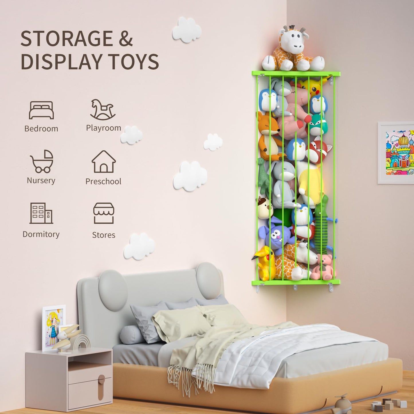 Corner Stuffed Animal Storage Organizer(Patented) - Kids Stuffed Animal Holder with Length Adjustable - Wall Plush Storage for Nursery Playroom Bedroom (White)