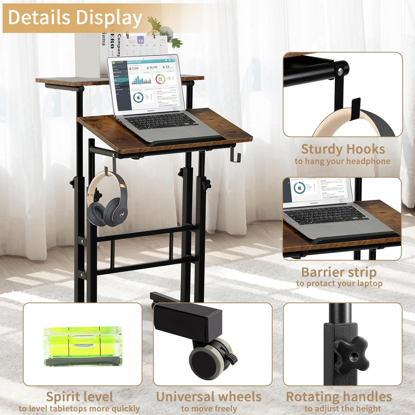 SIDUCAL Mobile Standing Desk, Portable Stand Up Desk, Small Adjustable Standing Desk Converter with Wheels Home Office Workstation, Rolling Desk Laptop Cart for Standing or Sitting, Black