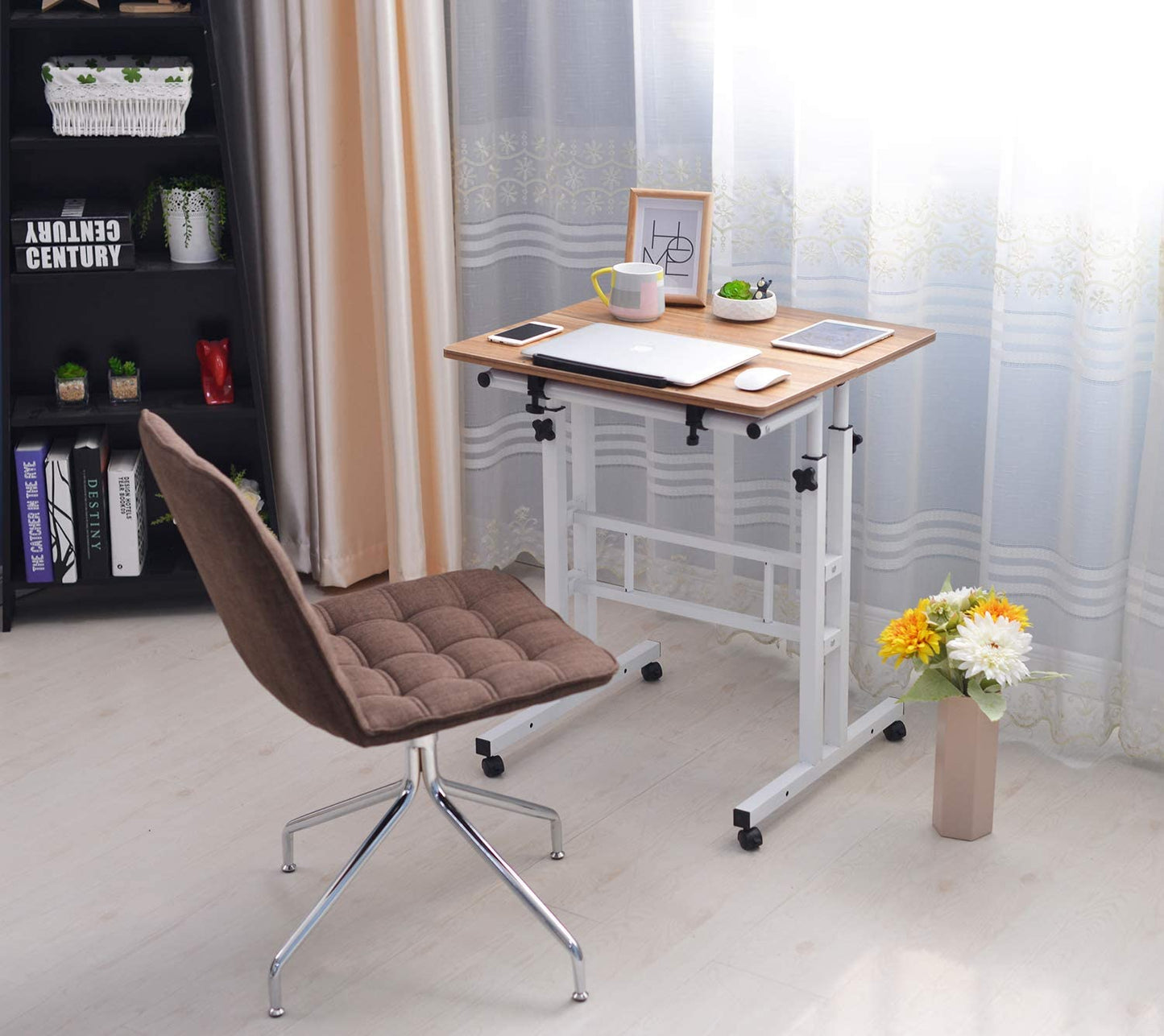 SIDUCAL Mobile Standing Desk, Portable Stand Up Desk, Small Adjustable Standing Desk Converter with Wheels Home Office Workstation, Rolling Desk Laptop Cart for Standing or Sitting, Black