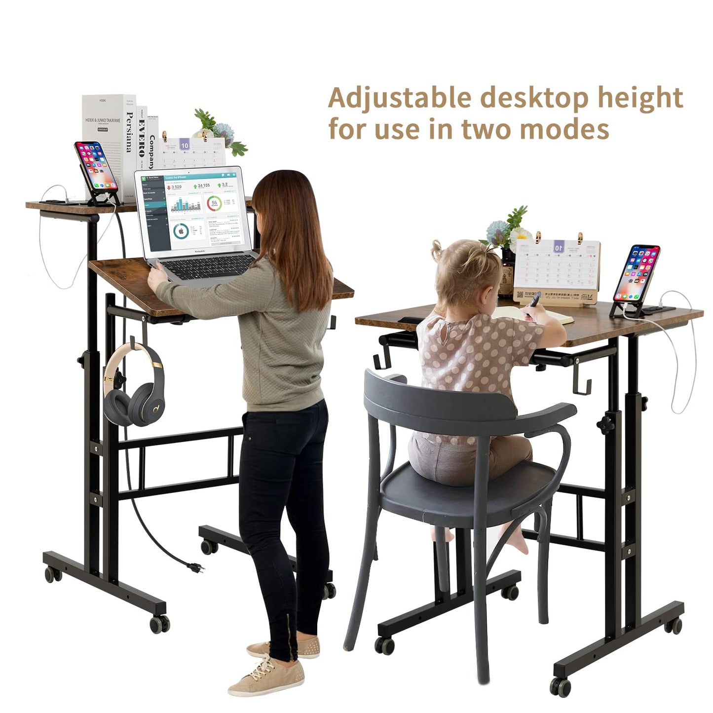 SIDUCAL Mobile Standing Desk, Portable Stand Up Desk, Small Adjustable Standing Desk Converter with Wheels Home Office Workstation, Rolling Desk Laptop Cart for Standing or Sitting, Black