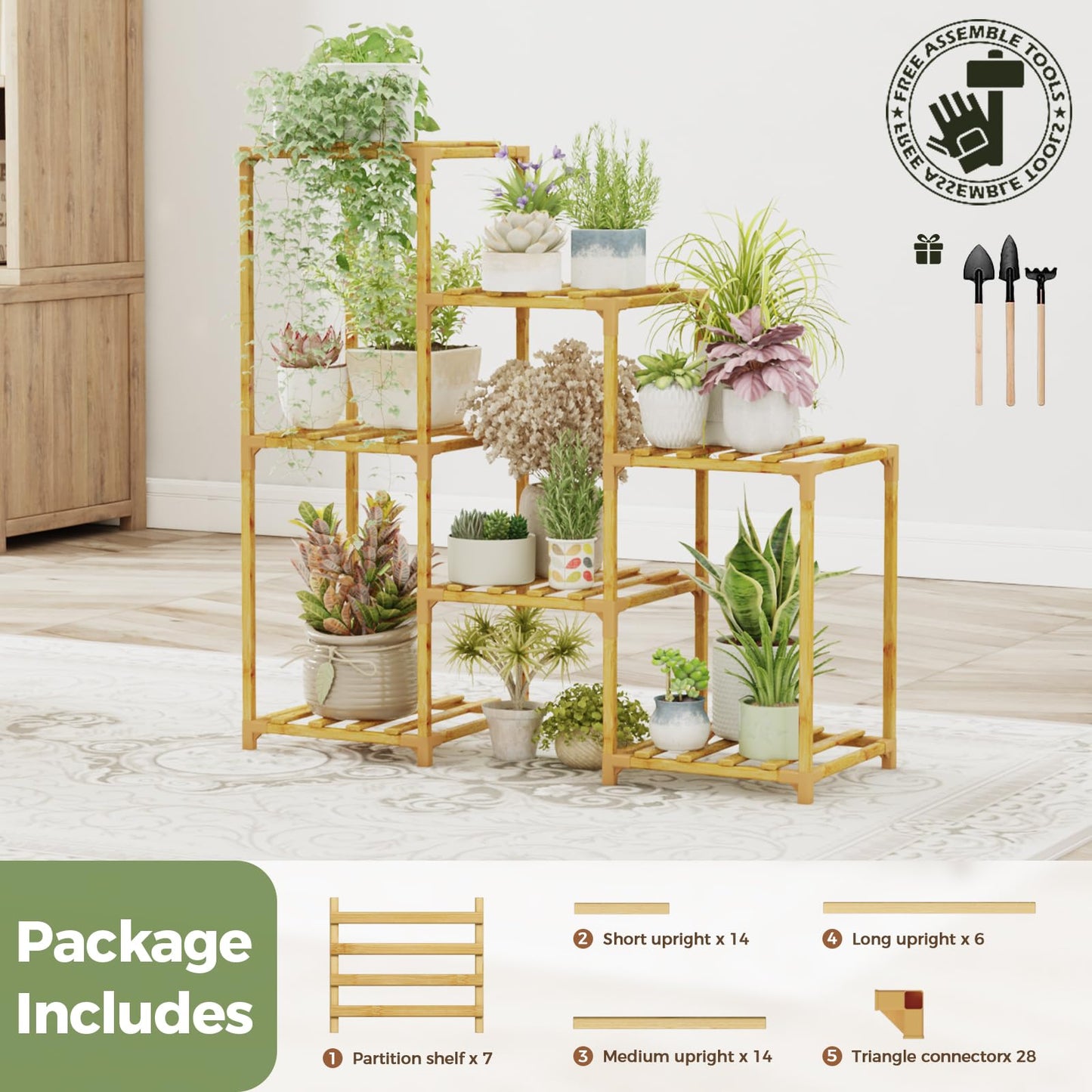 Bamworld Plant Stand with Wheels for Indoor Plants Wood Outdoor Tiered Shelf 3 Tire 7 Potted Ladder Plant Holder Table Pot Stand for Window Garden Balcony Patio Living Room (natureDL)