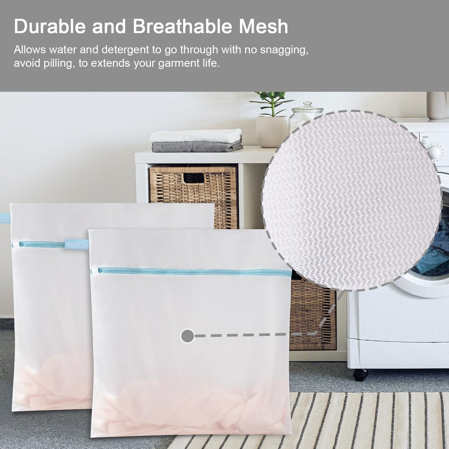 Polecasa Lead-free Premium Soft Fine Mesh Laundry Bags with Sturdy Zipper for Delicates - 2 Pack Jumbo Durable Laundry Wash Bags - Protect Clothes in Washing Machine - 24 x 24 Inches