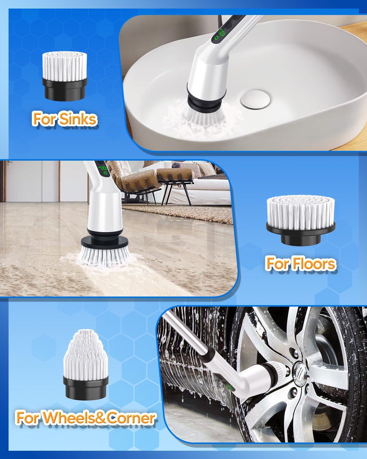 Electric Spin Scrubber, Upgraded Bathroom Cleaning Brush IPX7 Waterproof with 2 Speeds(Up to 500 RPM), 3 Replaceable Brush Heads & 53’’ Adjustable Handle Perfect for Bathroom, Tub, Tile, and Floor