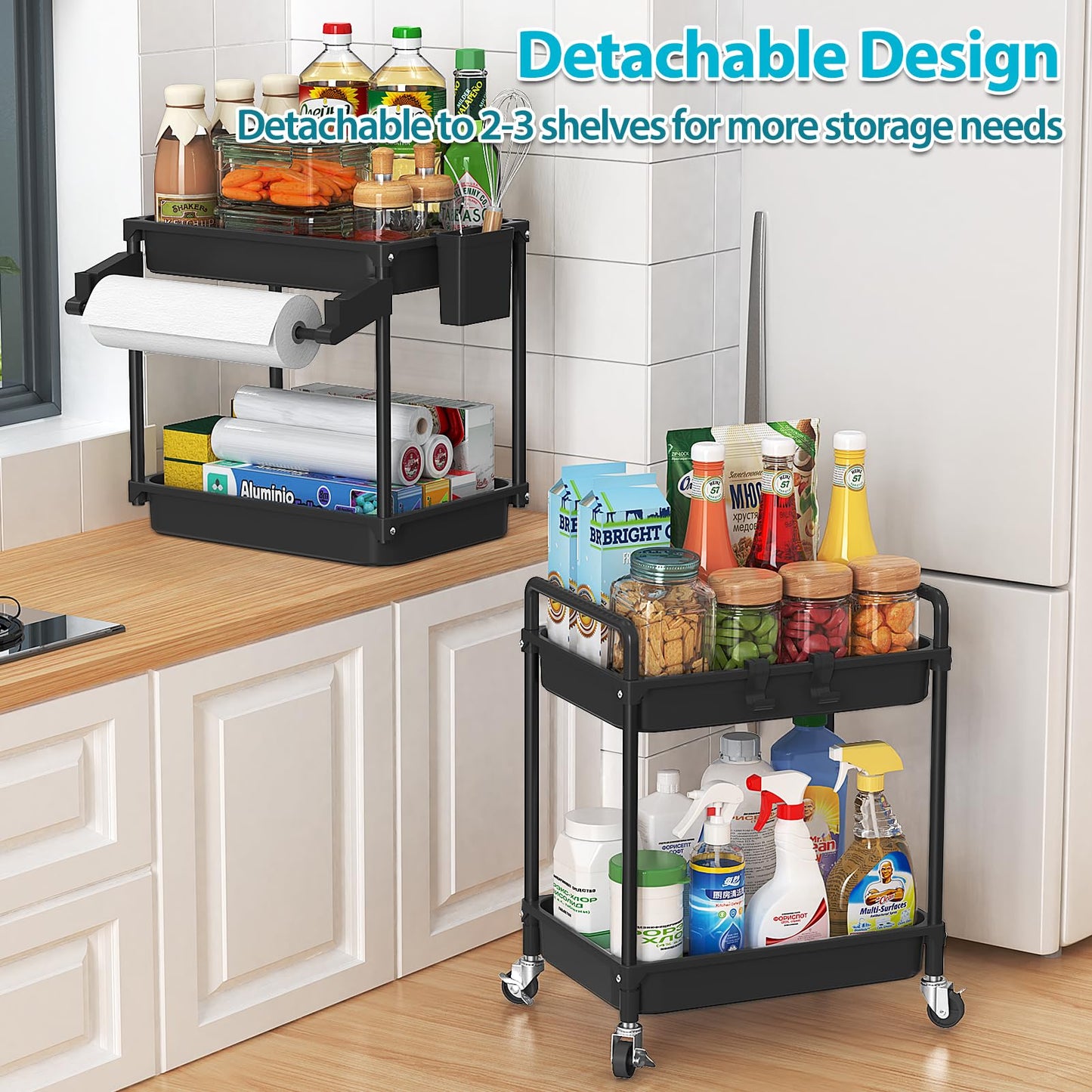 SPACEKEEPER Rolling Storage Cart, 3 Tier Utility Cart Laundry Room Organization Mobile Shelving Unit Bathroom Organizer with Towel Rack, Lockable Wheel, Hooks & Cup for Kitchen Office, Black
