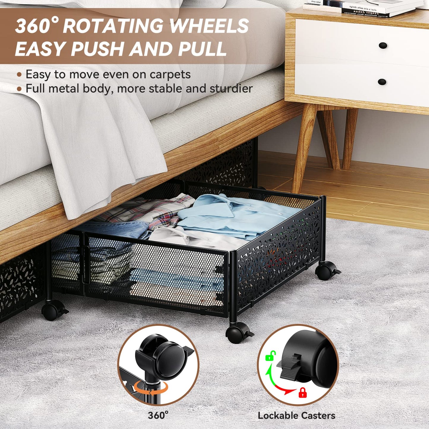 Under Bed Storage, Under the Bed Storage Containers with Wheels, Under Bed Shoe Storage Organizer Drawer, Tool-free Assembly Metal Underbed Storage Containers for Bedroom Clothes Shoes Blankets -2Pack