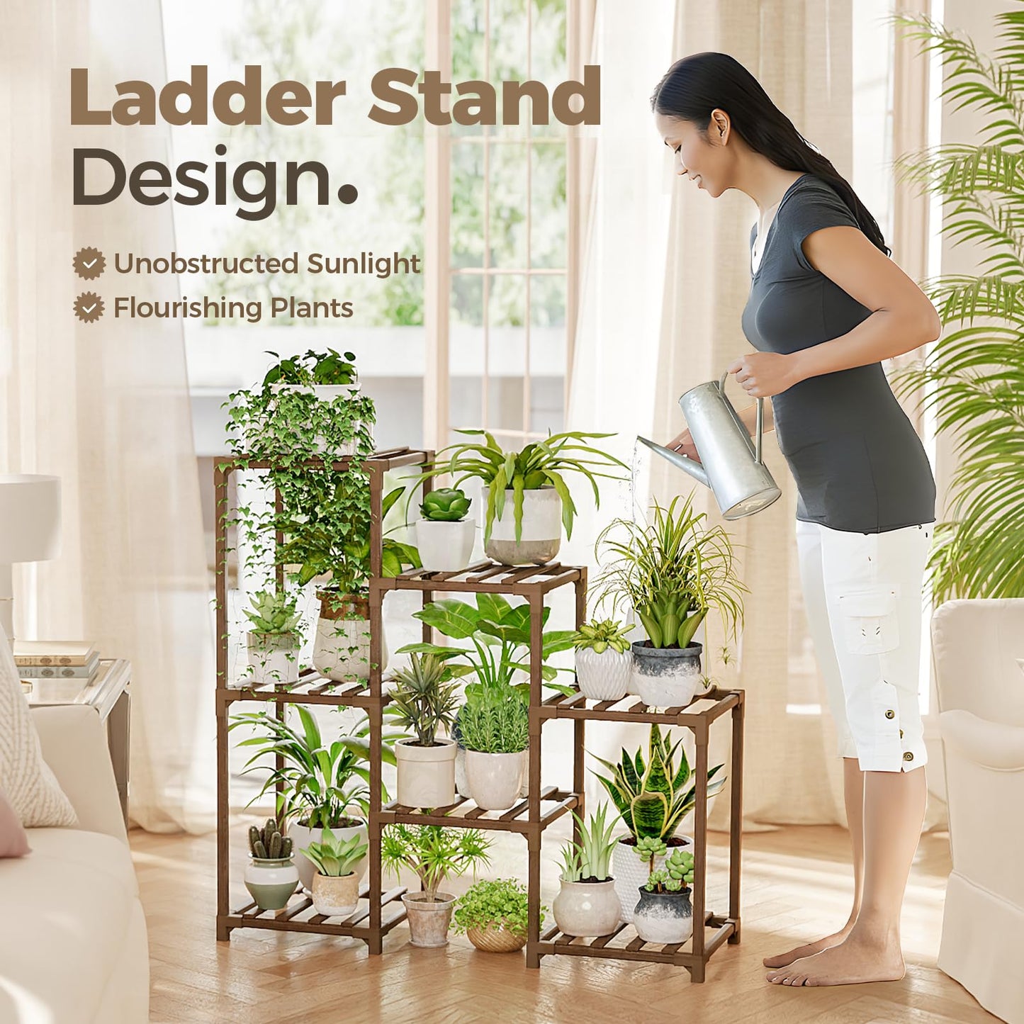 Bamworld Plant Stand with Wheels for Indoor Plants Wood Outdoor Tiered Shelf 3 Tire 7 Potted Ladder Plant Holder Table Pot Stand for Window Garden Balcony Patio Living Room (natureDL)