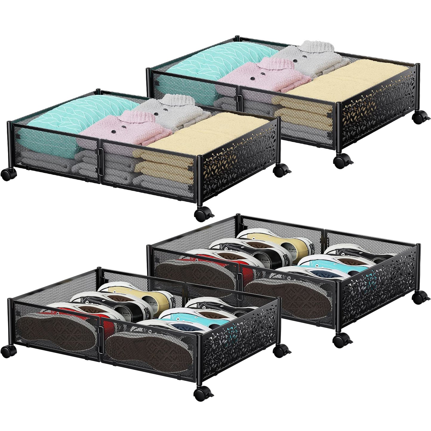 Under Bed Storage, Under the Bed Storage Containers with Wheels, Under Bed Shoe Storage Organizer Drawer, Tool-free Assembly Metal Underbed Storage Containers for Bedroom Clothes Shoes Blankets -2Pack