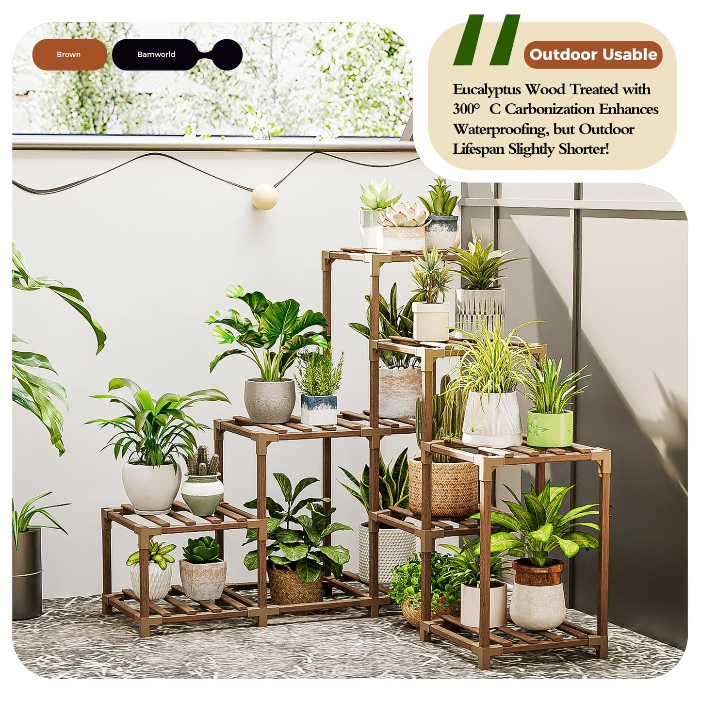 Bamworld Plant Stand with Wheels for Indoor Plants Wood Outdoor Tiered Shelf 3 Tire 7 Potted Ladder Plant Holder Table Pot Stand for Window Garden Balcony Patio Living Room (natureDL)
