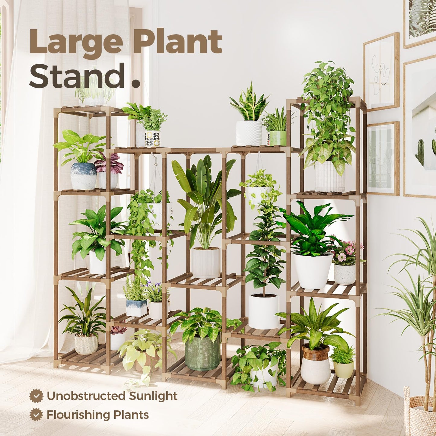 Bamworld Plant Stand with Wheels for Indoor Plants Wood Outdoor Tiered Shelf 3 Tire 7 Potted Ladder Plant Holder Table Pot Stand for Window Garden Balcony Patio Living Room (natureDL)