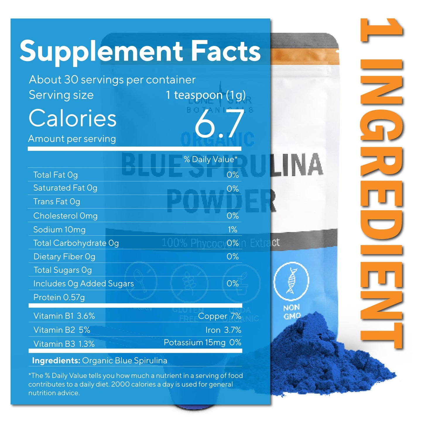 Organic Blue Spirulina Powder - 100% Pure Superfood, Blue-Green Algae, No Fishy Smell, Natural Food Coloring for Smoothies & Protein Drinks - Non GMO, Gluten-Free, Vegan + USDA Certified, 30 Servings