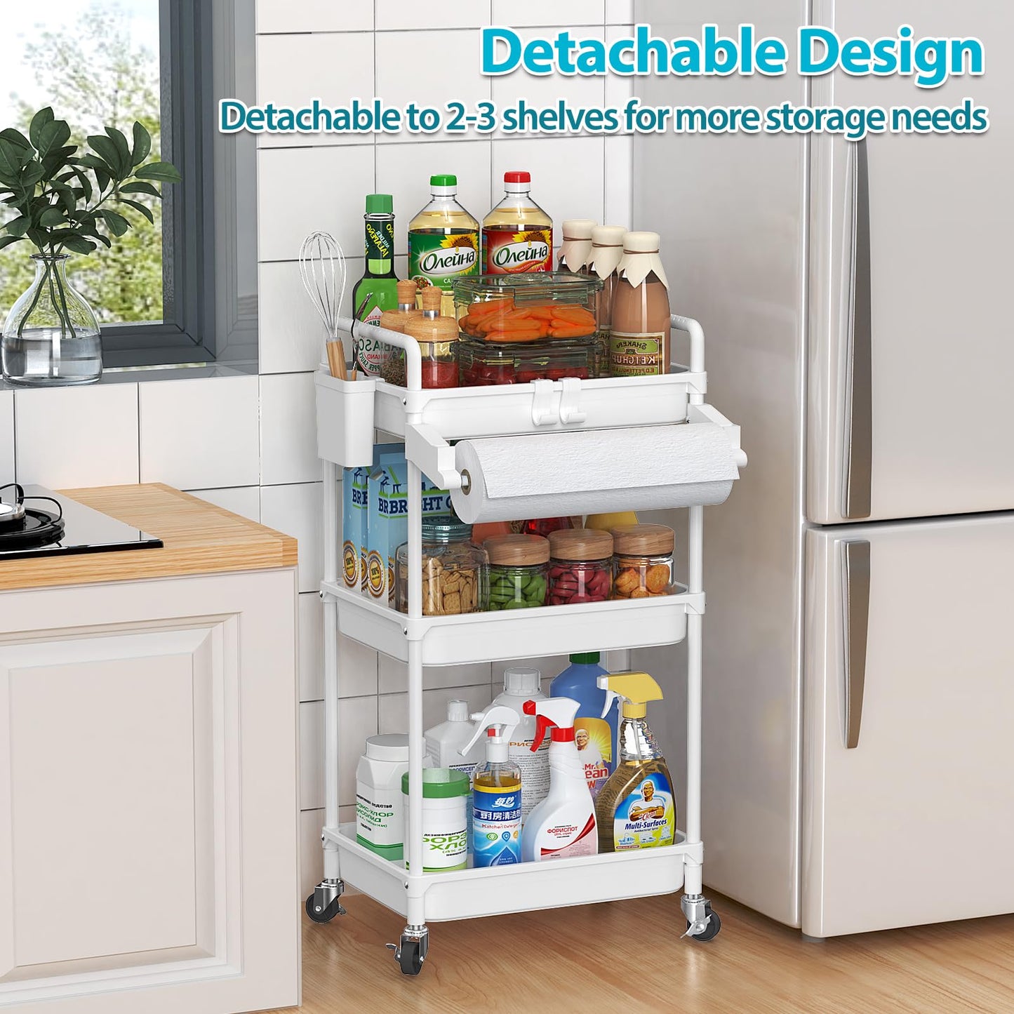 SPACEKEEPER Rolling Storage Cart, 3 Tier Utility Cart Laundry Room Organization Mobile Shelving Unit Bathroom Organizer with Towel Rack, Lockable Wheel, Hooks & Cup for Kitchen Office, Black