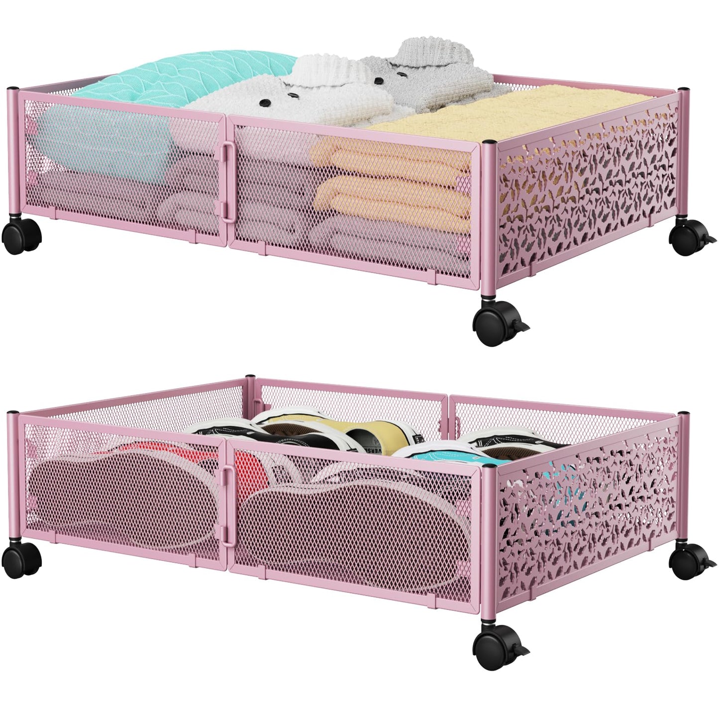 Under Bed Storage, Under the Bed Storage Containers with Wheels, Under Bed Shoe Storage Organizer Drawer, Tool-free Assembly Metal Underbed Storage Containers for Bedroom Clothes Shoes Blankets -2Pack