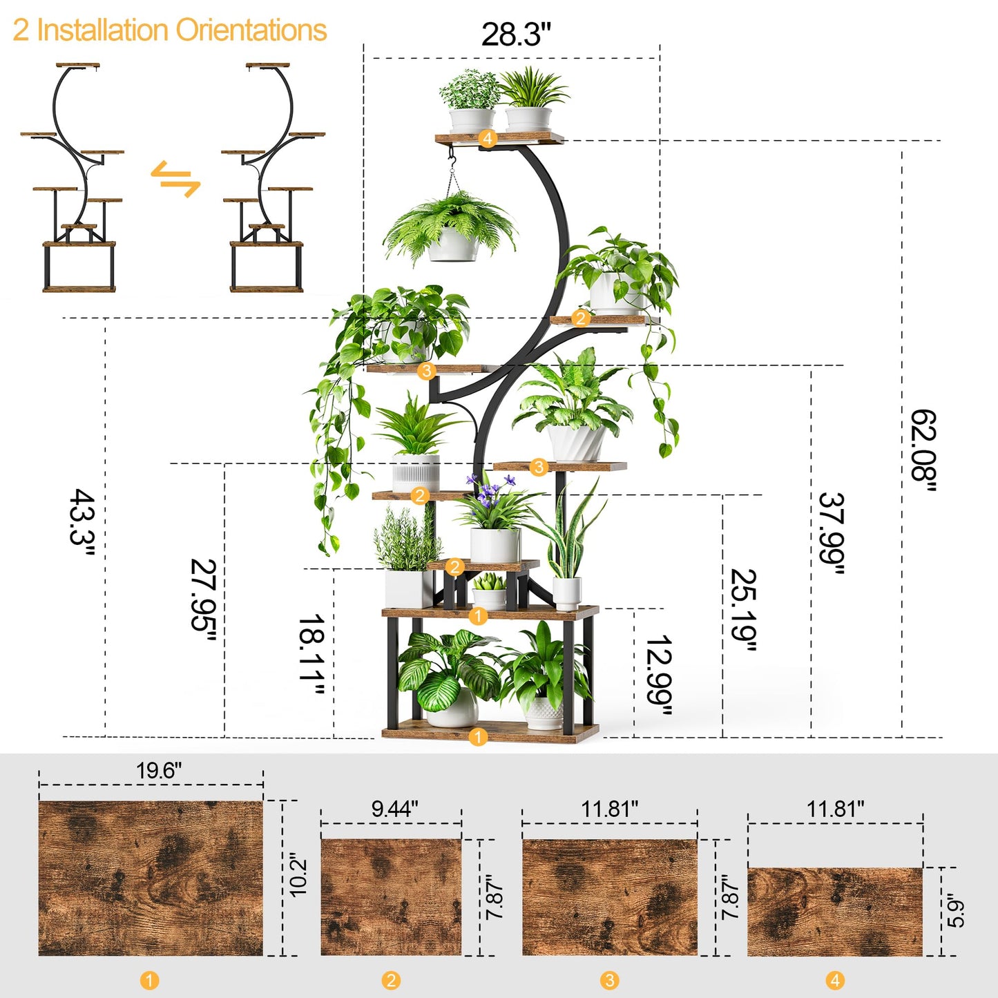 Plant Stand Indoor with Grow Lights, 8 Tiered Indoor Plant Shelf, 62" Tall Plant Stand for Indoor Plants Multiple, Metal Plant Flower Holder, S-Shaped Plant Rack for Home,Patio(Patent Design)