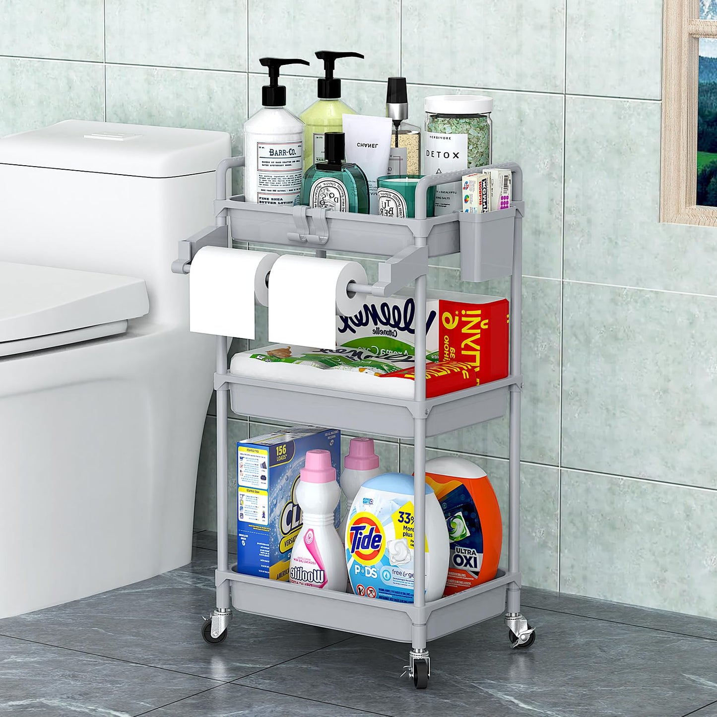 SPACEKEEPER Rolling Storage Cart, 3 Tier Utility Cart Laundry Room Organization Mobile Shelving Unit Bathroom Organizer with Towel Rack, Lockable Wheel, Hooks & Cup for Kitchen Office, Black