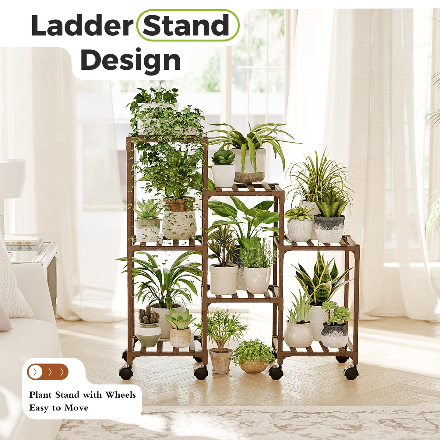 Bamworld Plant Stand with Wheels for Indoor Plants Wood Outdoor Tiered Shelf 3 Tire 7 Potted Ladder Plant Holder Table Pot Stand for Window Garden Balcony Patio Living Room (natureDL)