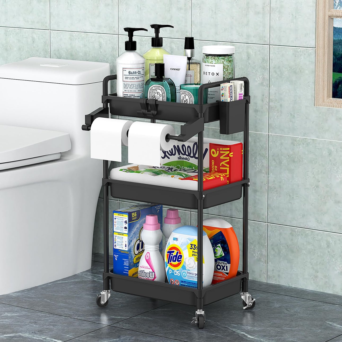 SPACEKEEPER Rolling Storage Cart, 3 Tier Utility Cart Laundry Room Organization Mobile Shelving Unit Bathroom Organizer with Towel Rack, Lockable Wheel, Hooks & Cup for Kitchen Office, Black