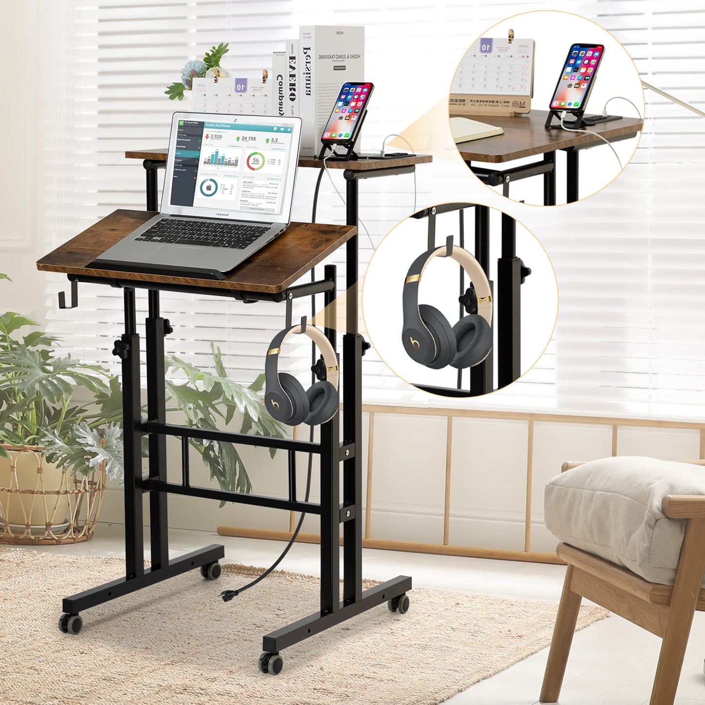 SIDUCAL Mobile Standing Desk, Portable Stand Up Desk, Small Adjustable Standing Desk Converter with Wheels Home Office Workstation, Rolling Desk Laptop Cart for Standing or Sitting, Black