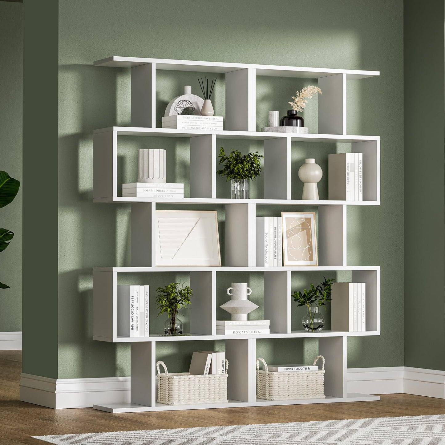 Black 5-Tier Geometric Bookcase, S-Shaped Modern Bookshelf Set of 2, 62.6" Tall Room Divider Book Shelf, Decorative Display Shelf
