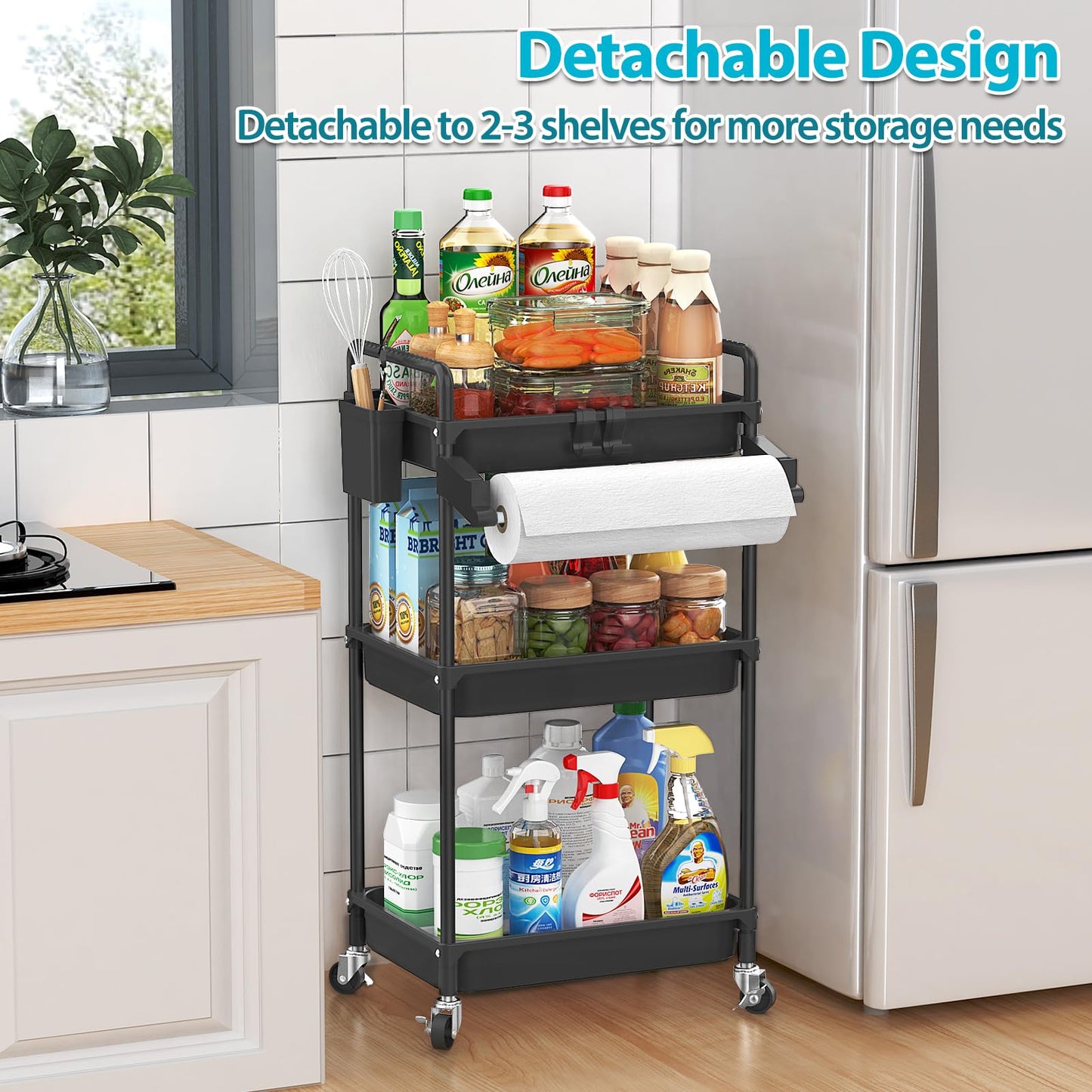 SPACEKEEPER Rolling Storage Cart, 3 Tier Utility Cart Laundry Room Organization Mobile Shelving Unit Bathroom Organizer with Towel Rack, Lockable Wheel, Hooks & Cup for Kitchen Office, Black