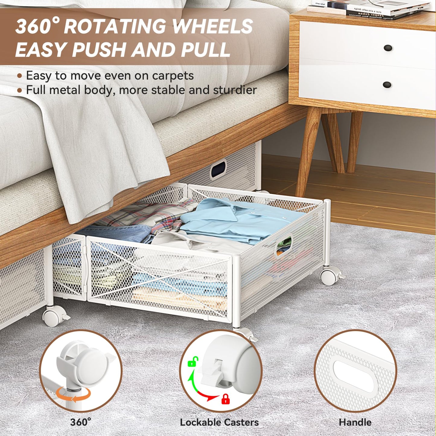 Under Bed Storage, Under the Bed Storage Containers with Wheels, Under Bed Shoe Storage Organizer Drawer, Tool-free Assembly Metal Underbed Storage Containers for Bedroom Clothes Shoes Blankets -2Pack