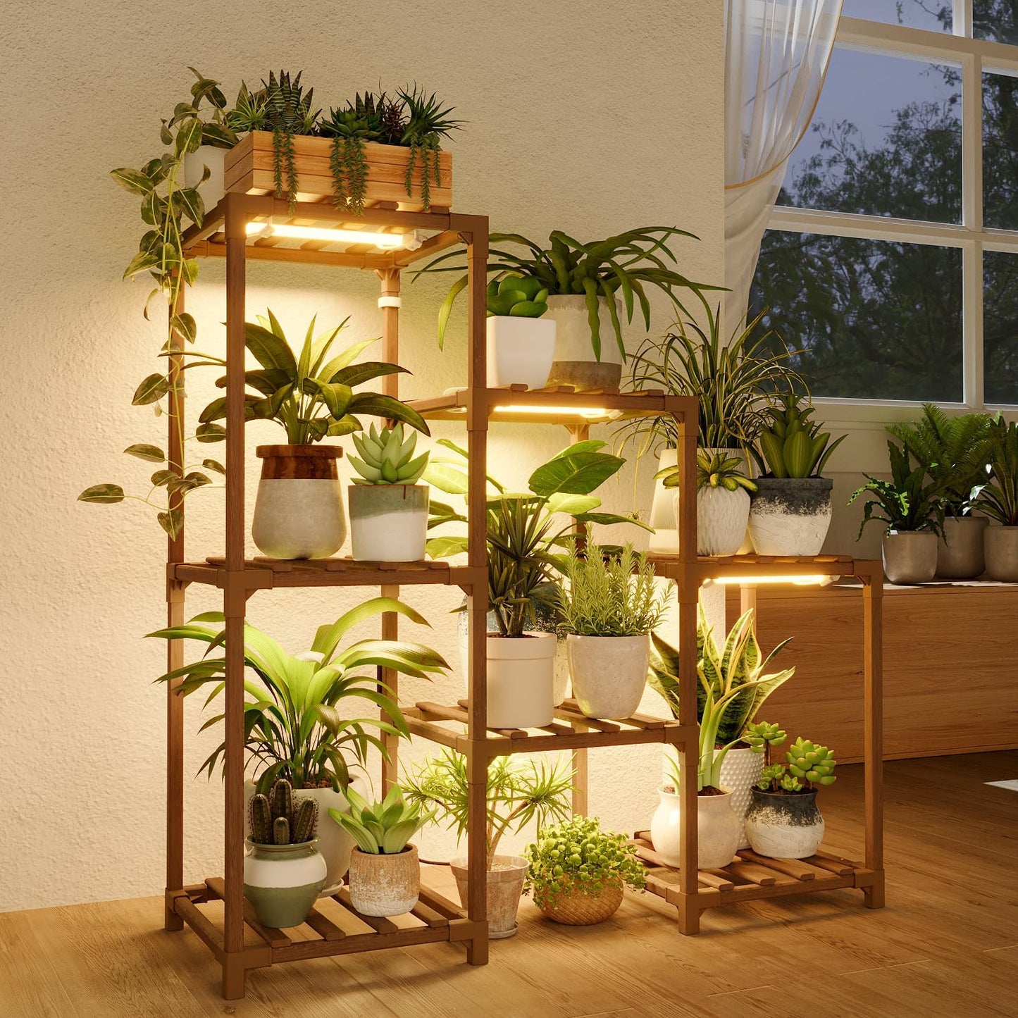 Bamworld Plant Stand with Wheels for Indoor Plants Wood Outdoor Tiered Shelf 3 Tire 7 Potted Ladder Plant Holder Table Pot Stand for Window Garden Balcony Patio Living Room (natureDL)