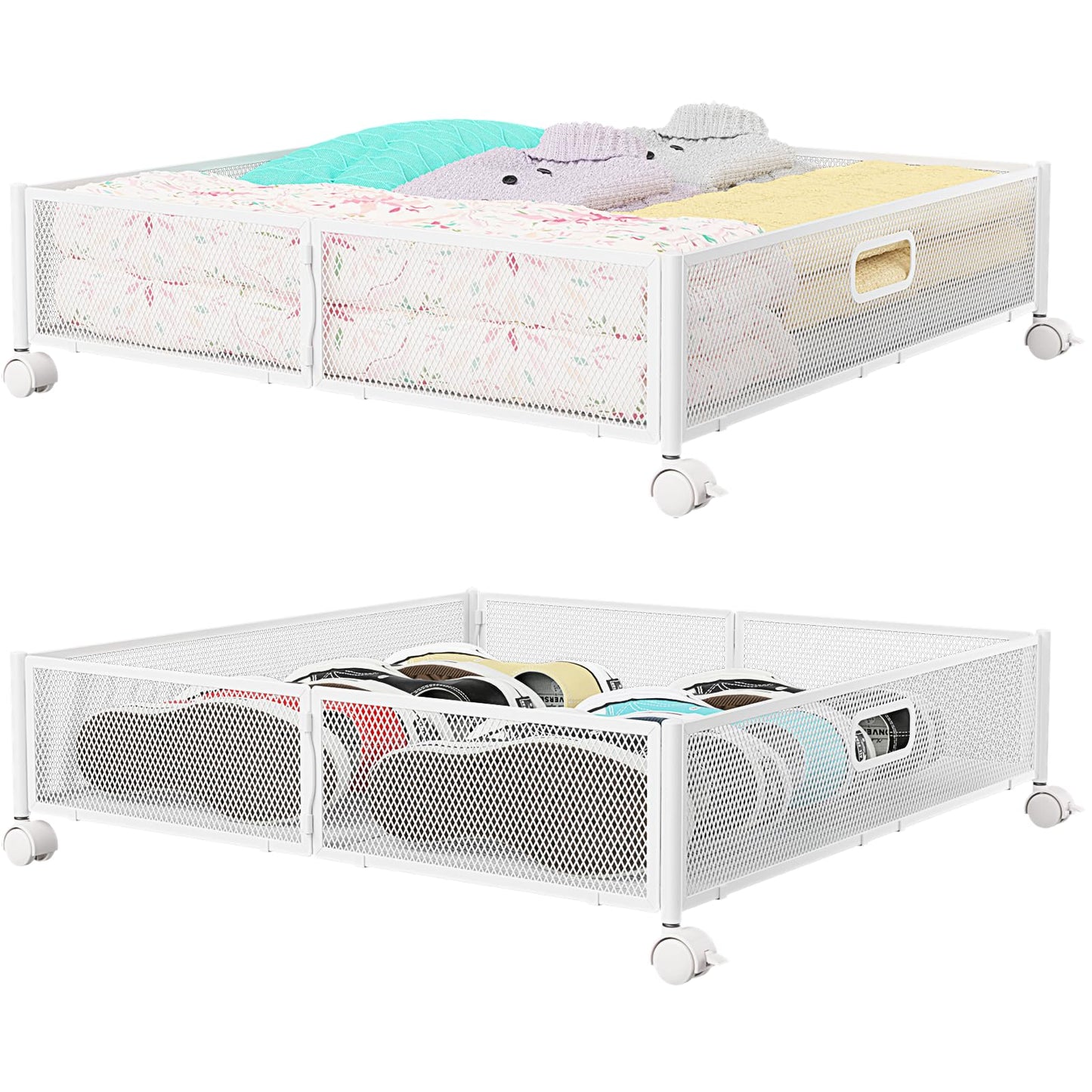Under Bed Storage, Under the Bed Storage Containers with Wheels, Under Bed Shoe Storage Organizer Drawer, Tool-free Assembly Metal Underbed Storage Containers for Bedroom Clothes Shoes Blankets -2Pack
