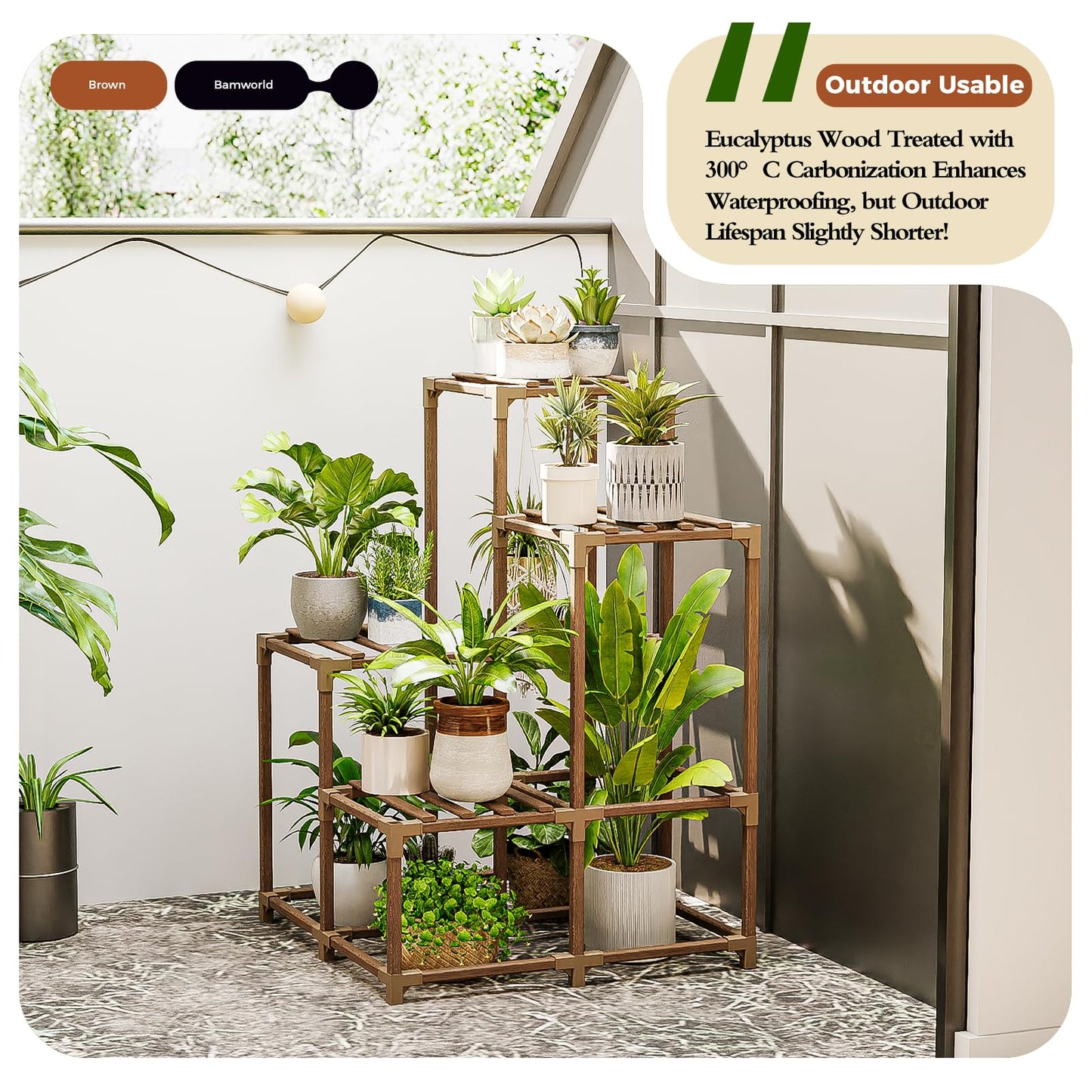 Bamworld Plant Stand with Wheels for Indoor Plants Wood Outdoor Tiered Shelf 3 Tire 7 Potted Ladder Plant Holder Table Pot Stand for Window Garden Balcony Patio Living Room (natureDL)
