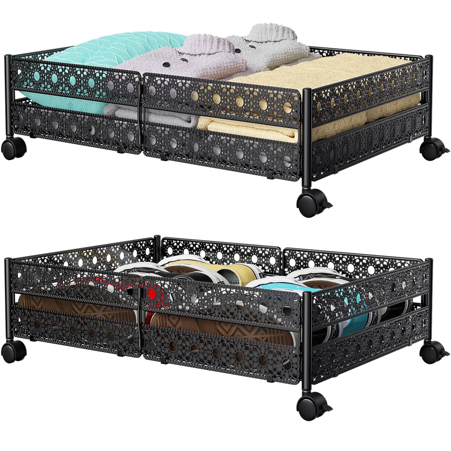 Under Bed Storage, Under the Bed Storage Containers with Wheels, Under Bed Shoe Storage Organizer Drawer, Tool-free Assembly Metal Underbed Storage Containers for Bedroom Clothes Shoes Blankets -2Pack