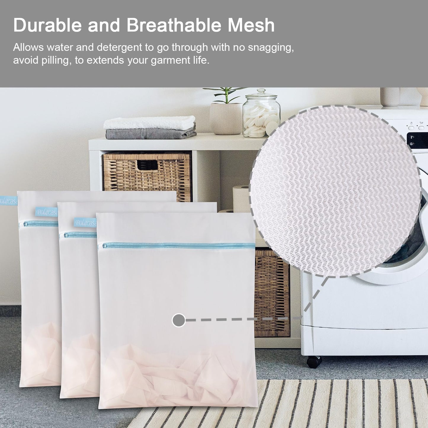 Polecasa Lead-free Premium Soft Fine Mesh Laundry Bags with Sturdy Zipper for Delicates - 2 Pack Jumbo Durable Laundry Wash Bags - Protect Clothes in Washing Machine - 24 x 24 Inches
