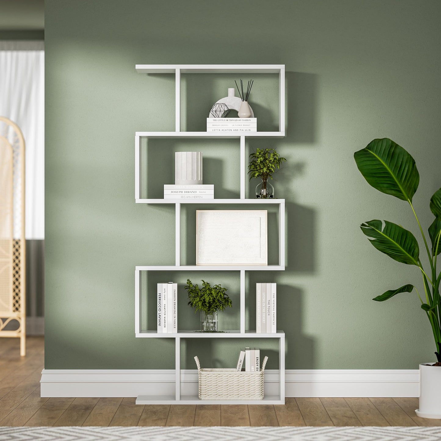 Black 5-Tier Geometric Bookcase, S-Shaped Modern Bookshelf Set of 2, 62.6" Tall Room Divider Book Shelf, Decorative Display Shelf