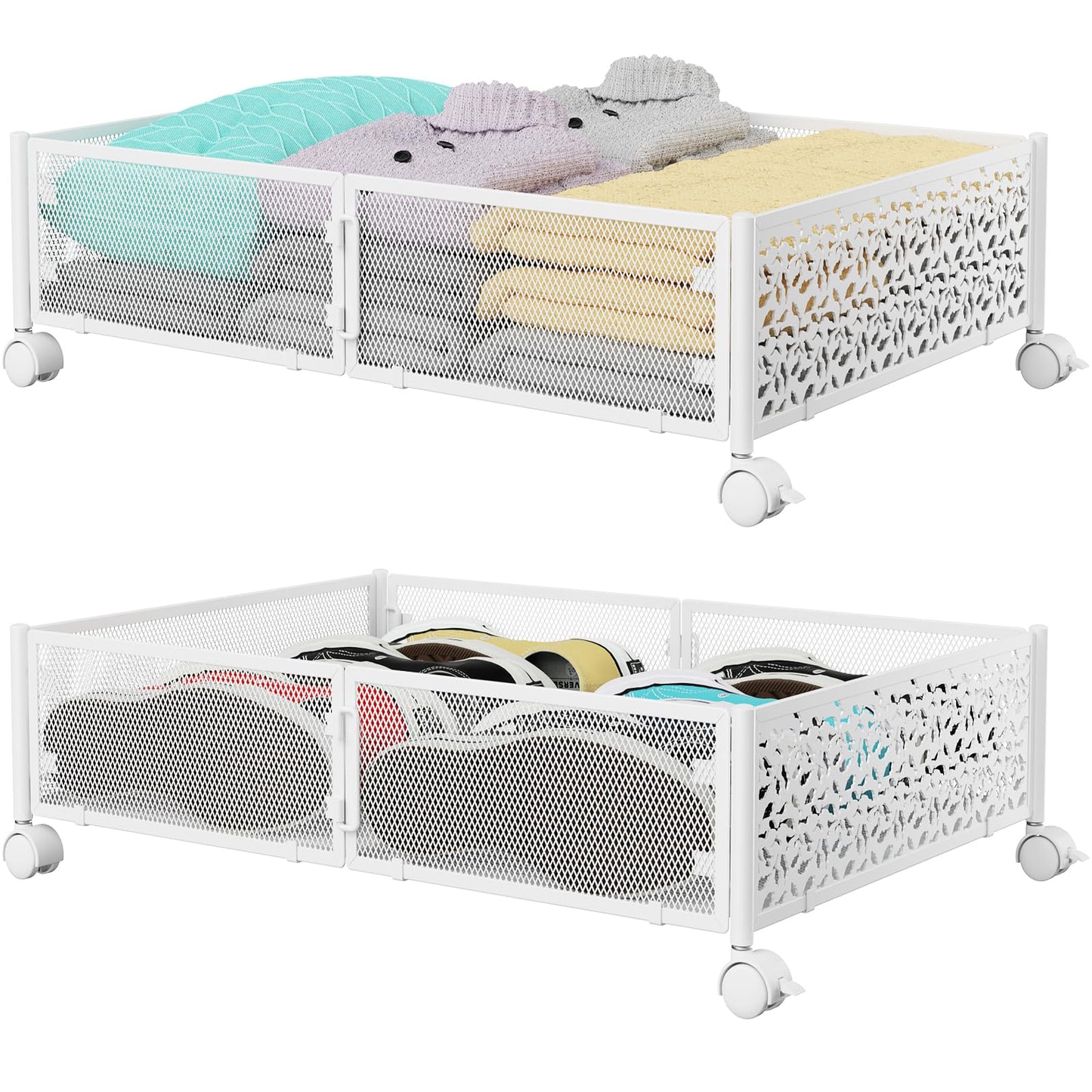 Under Bed Storage, Under the Bed Storage Containers with Wheels, Under Bed Shoe Storage Organizer Drawer, Tool-free Assembly Metal Underbed Storage Containers for Bedroom Clothes Shoes Blankets -2Pack