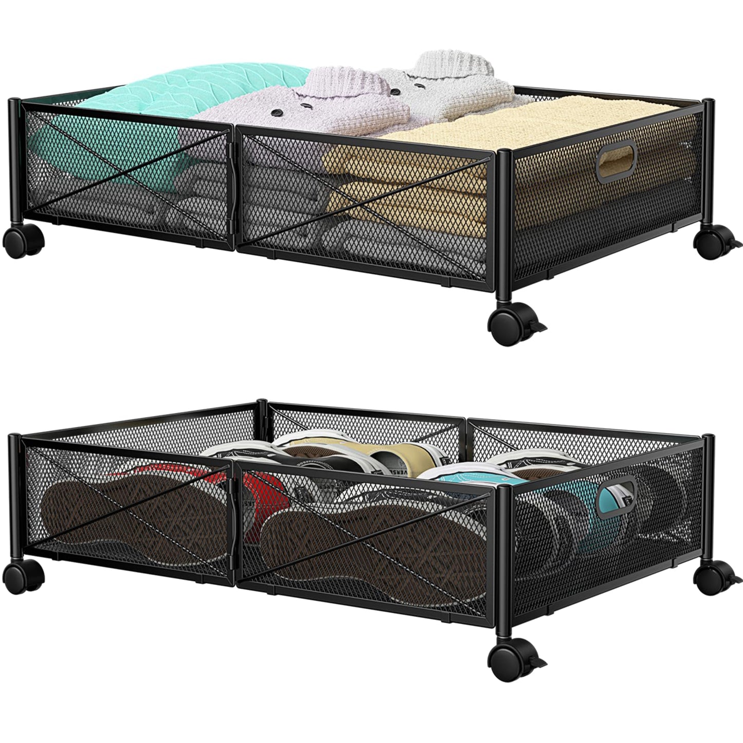 Under Bed Storage, Under the Bed Storage Containers with Wheels, Under Bed Shoe Storage Organizer Drawer, Tool-free Assembly Metal Underbed Storage Containers for Bedroom Clothes Shoes Blankets -2Pack