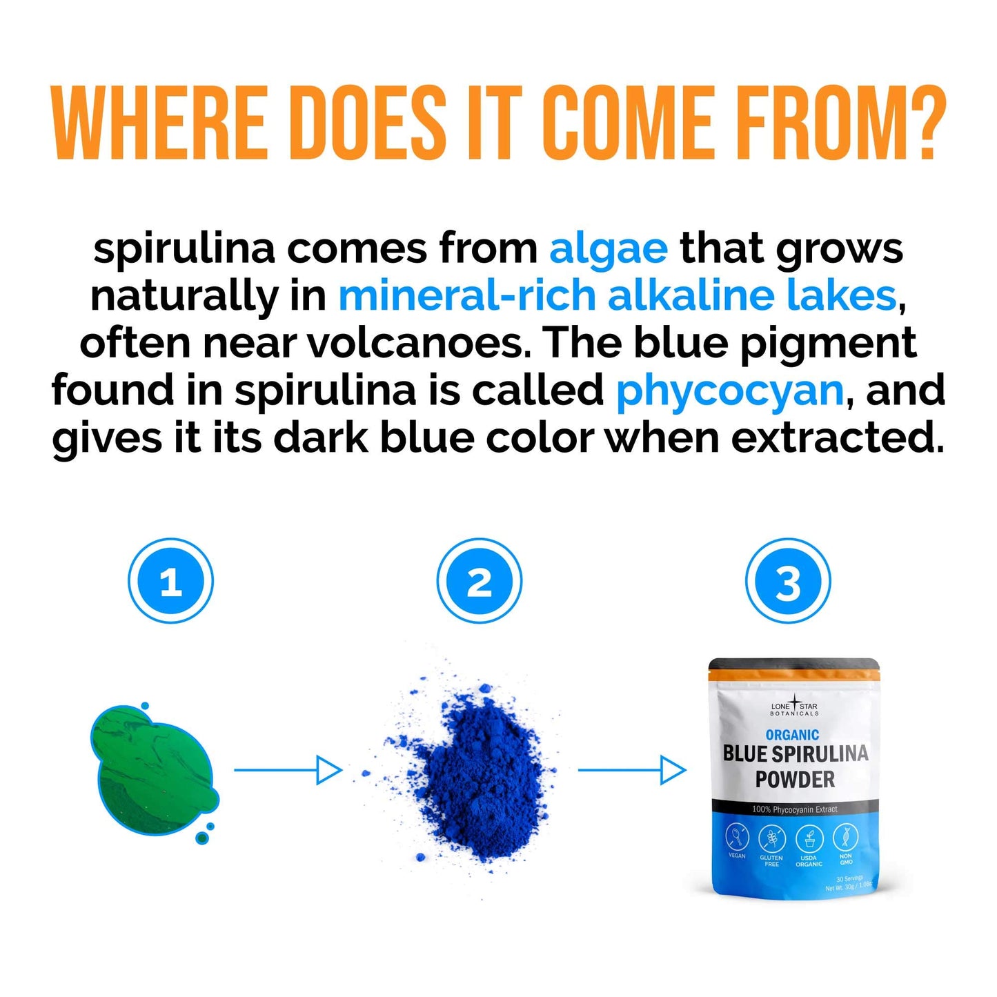 Organic Blue Spirulina Powder - 100% Pure Superfood, Blue-Green Algae, No Fishy Smell, Natural Food Coloring for Smoothies & Protein Drinks - Non GMO, Gluten-Free, Vegan + USDA Certified, 30 Servings