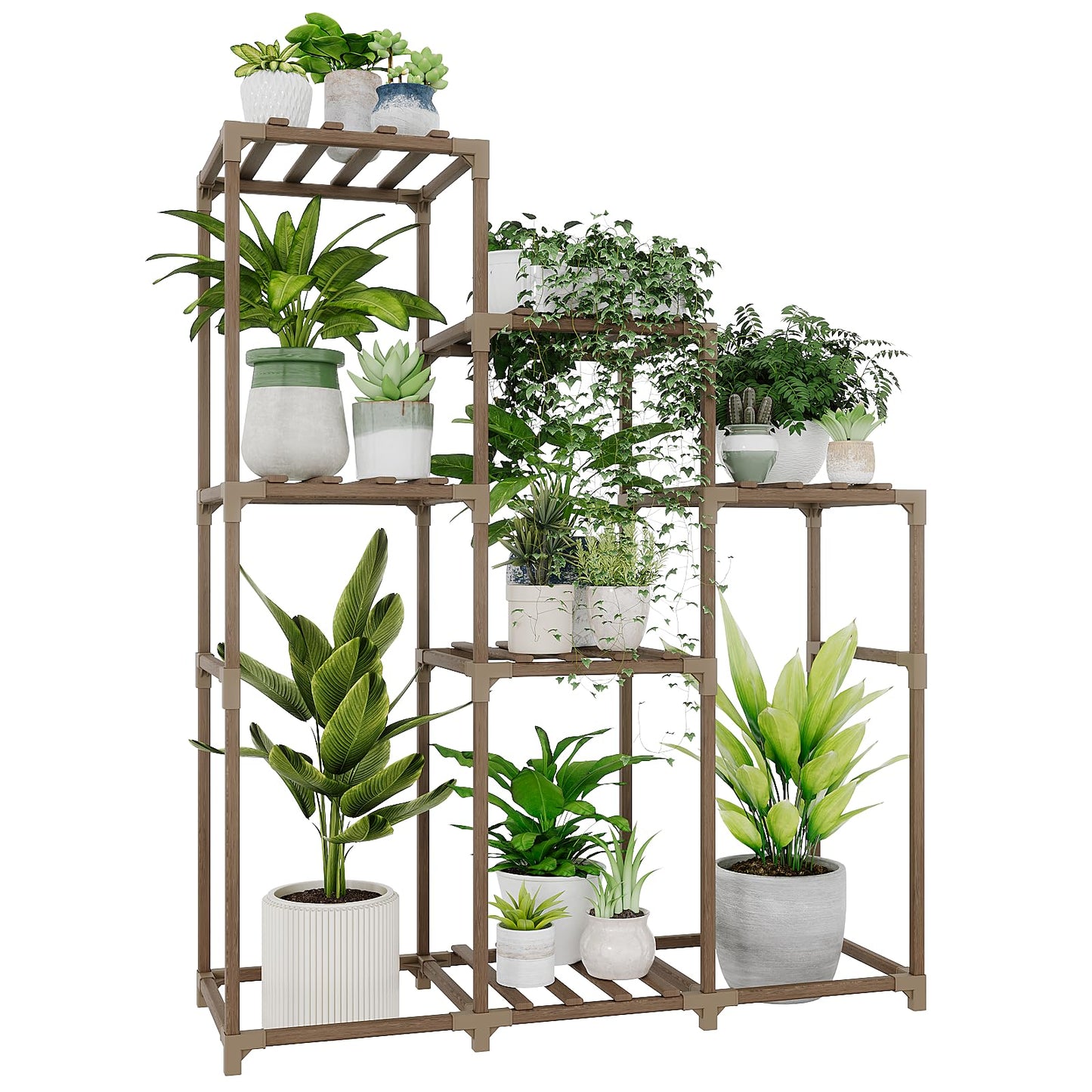 Bamworld Plant Stand with Wheels for Indoor Plants Wood Outdoor Tiered Shelf 3 Tire 7 Potted Ladder Plant Holder Table Pot Stand for Window Garden Balcony Patio Living Room (natureDL)