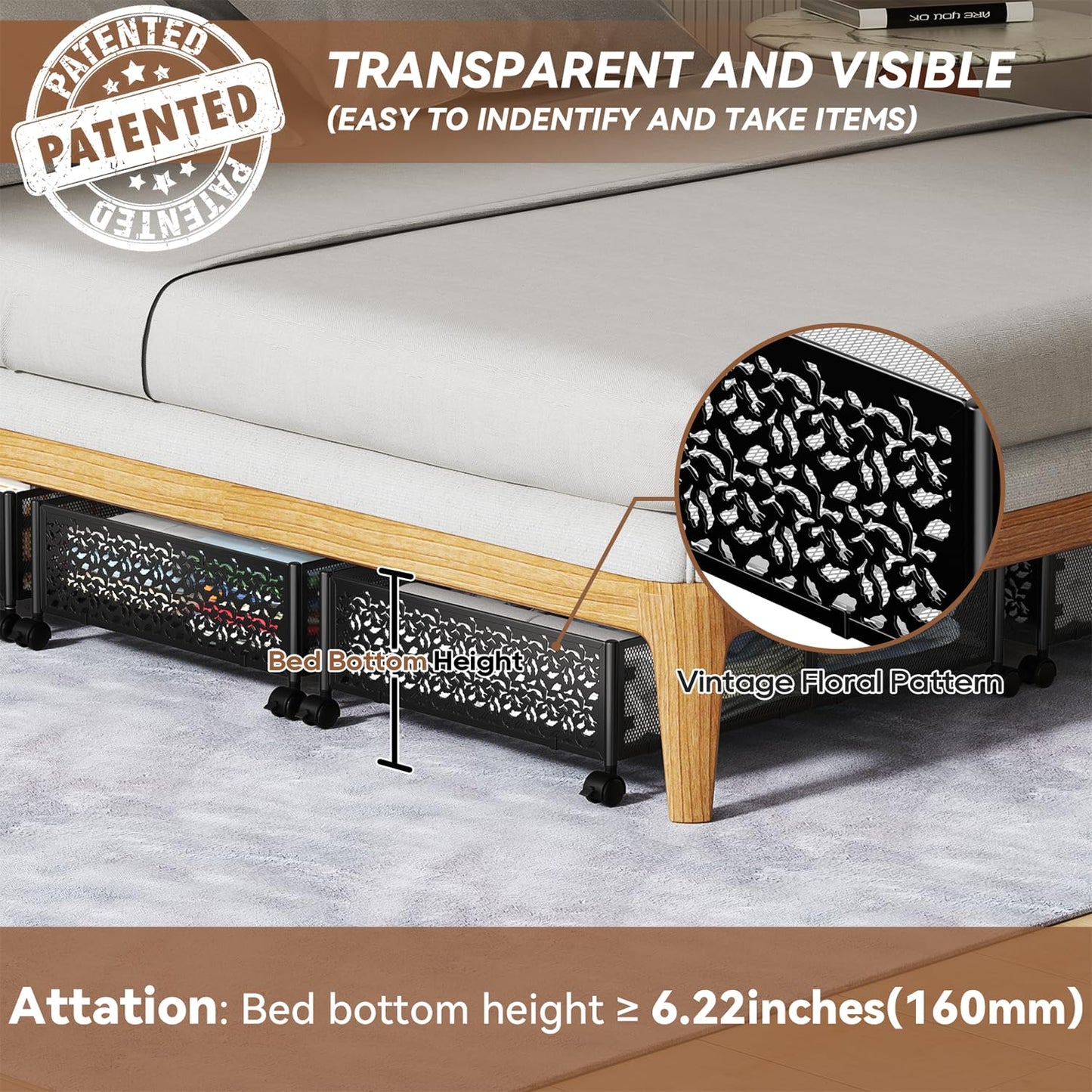 Under Bed Storage, Under the Bed Storage Containers with Wheels, Under Bed Shoe Storage Organizer Drawer, Tool-free Assembly Metal Underbed Storage Containers for Bedroom Clothes Shoes Blankets -2Pack
