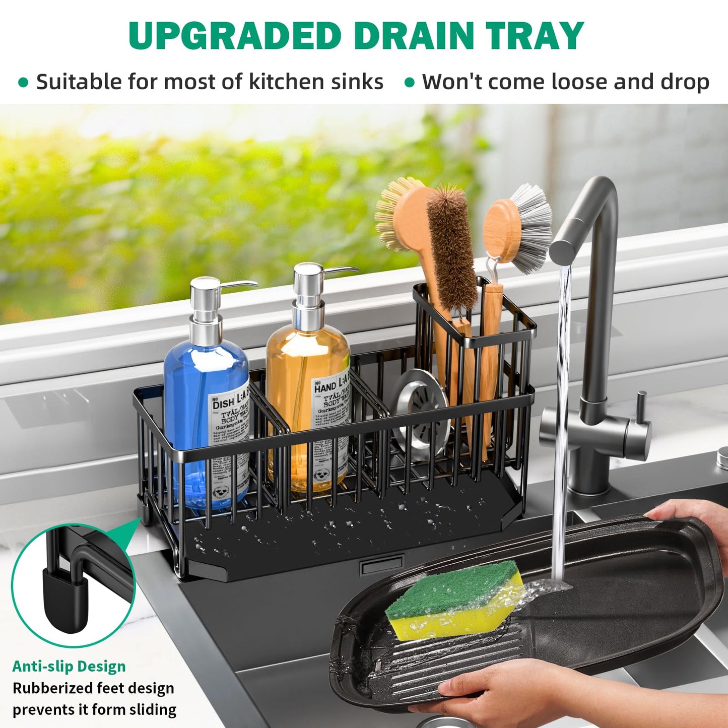 TomCare Sponge Holder for Kitchen Sink Extra Large Sink Caddy with Drain Tray Brush Holder Rustproof Kitchen Sink Organizer with 2 Adjustable Dividers Durable Kitchen Storage Accessories for Counter