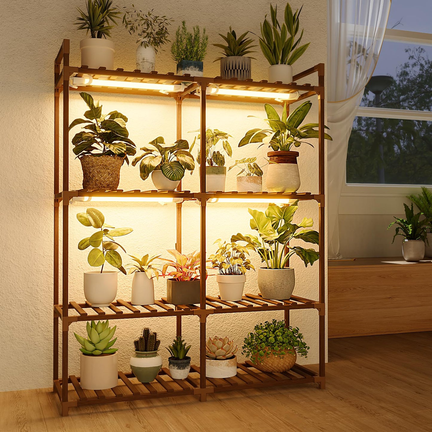 Bamworld Plant Stand with Wheels for Indoor Plants Wood Outdoor Tiered Shelf 3 Tire 7 Potted Ladder Plant Holder Table Pot Stand for Window Garden Balcony Patio Living Room (natureDL)