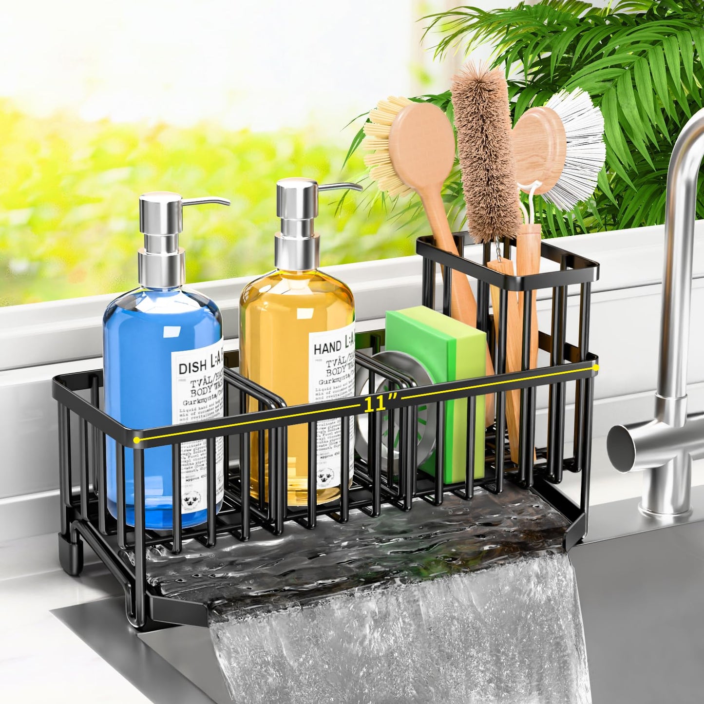 TomCare Sponge Holder for Kitchen Sink Extra Large Sink Caddy with Drain Tray Brush Holder Rustproof Kitchen Sink Organizer with 2 Adjustable Dividers Durable Kitchen Storage Accessories for Counter