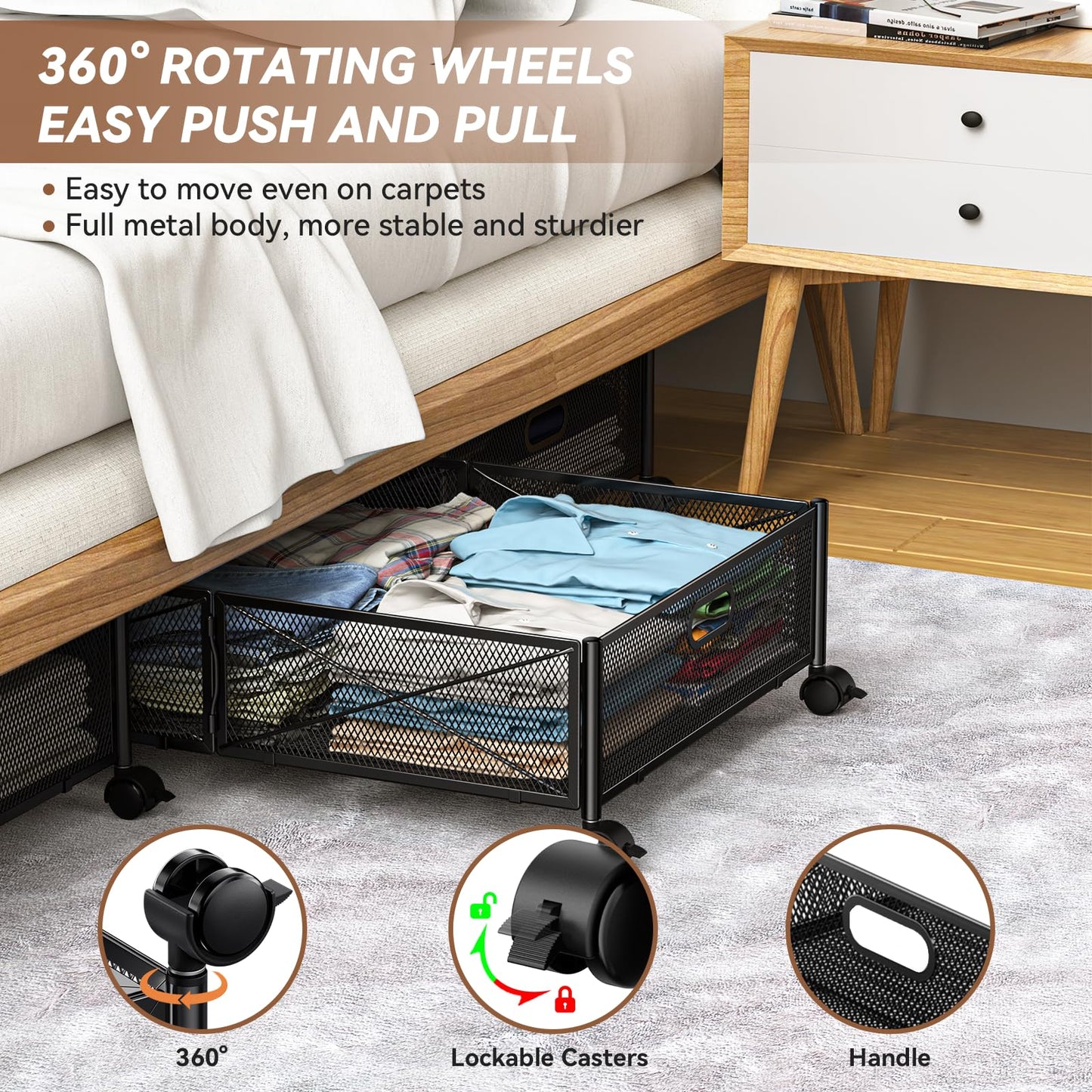 Under Bed Storage, Under the Bed Storage Containers with Wheels, Under Bed Shoe Storage Organizer Drawer, Tool-free Assembly Metal Underbed Storage Containers for Bedroom Clothes Shoes Blankets -2Pack