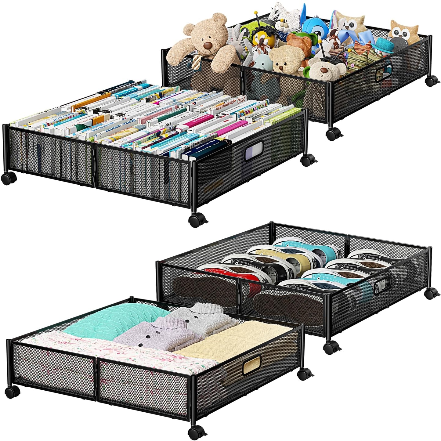 Under Bed Storage, Under the Bed Storage Containers with Wheels, Under Bed Shoe Storage Organizer Drawer, Tool-free Assembly Metal Underbed Storage Containers for Bedroom Clothes Shoes Blankets -2Pack