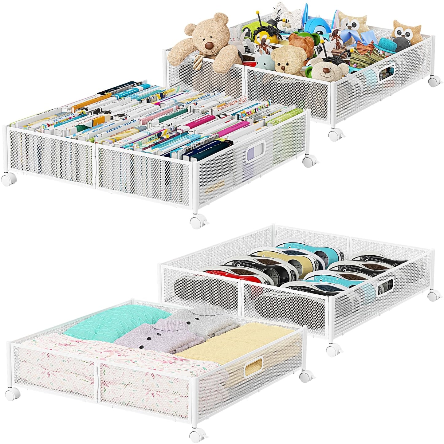 Under Bed Storage, Under the Bed Storage Containers with Wheels, Under Bed Shoe Storage Organizer Drawer, Tool-free Assembly Metal Underbed Storage Containers for Bedroom Clothes Shoes Blankets -2Pack