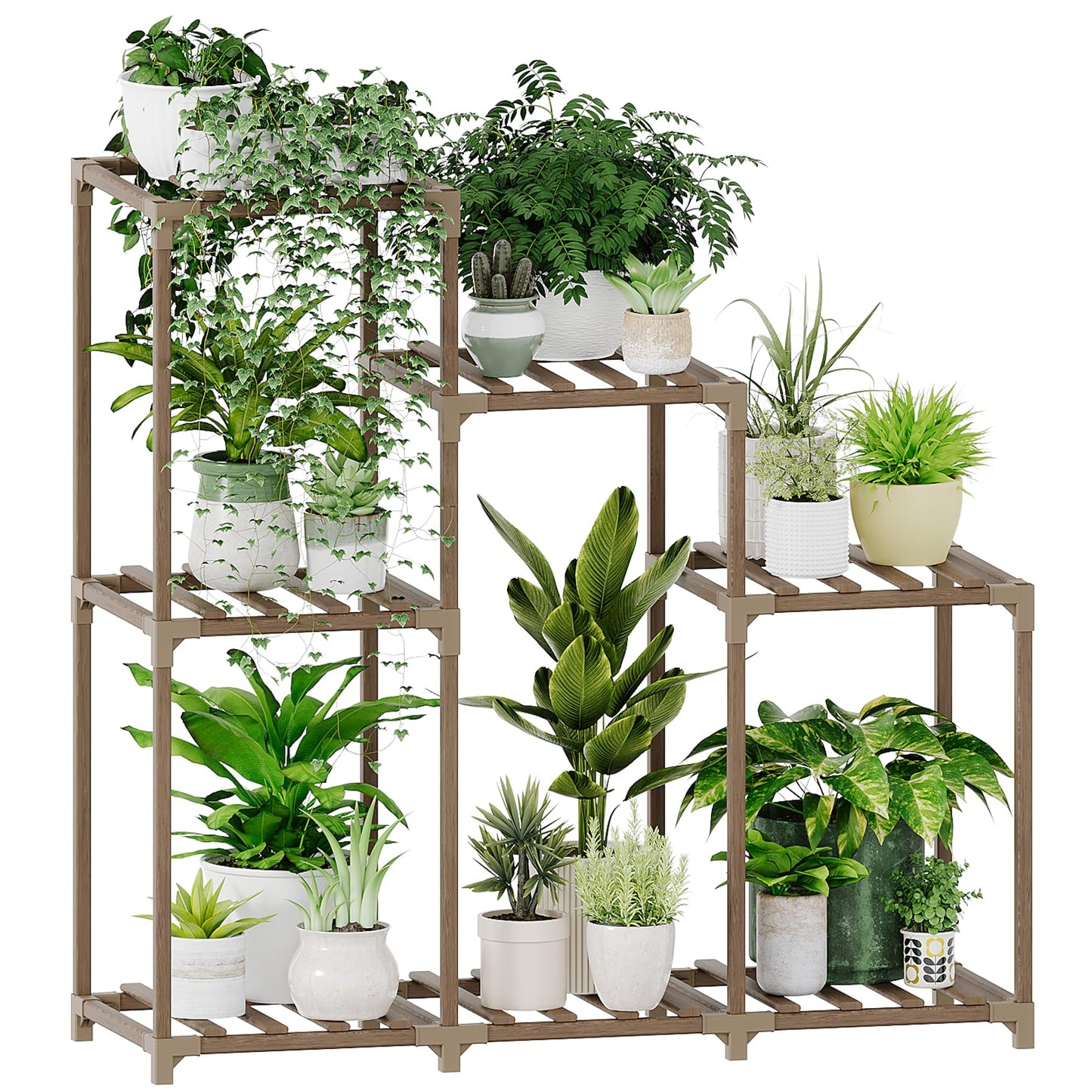 Bamworld Plant Stand with Wheels for Indoor Plants Wood Outdoor Tiered Shelf 3 Tire 7 Potted Ladder Plant Holder Table Pot Stand for Window Garden Balcony Patio Living Room (natureDL)